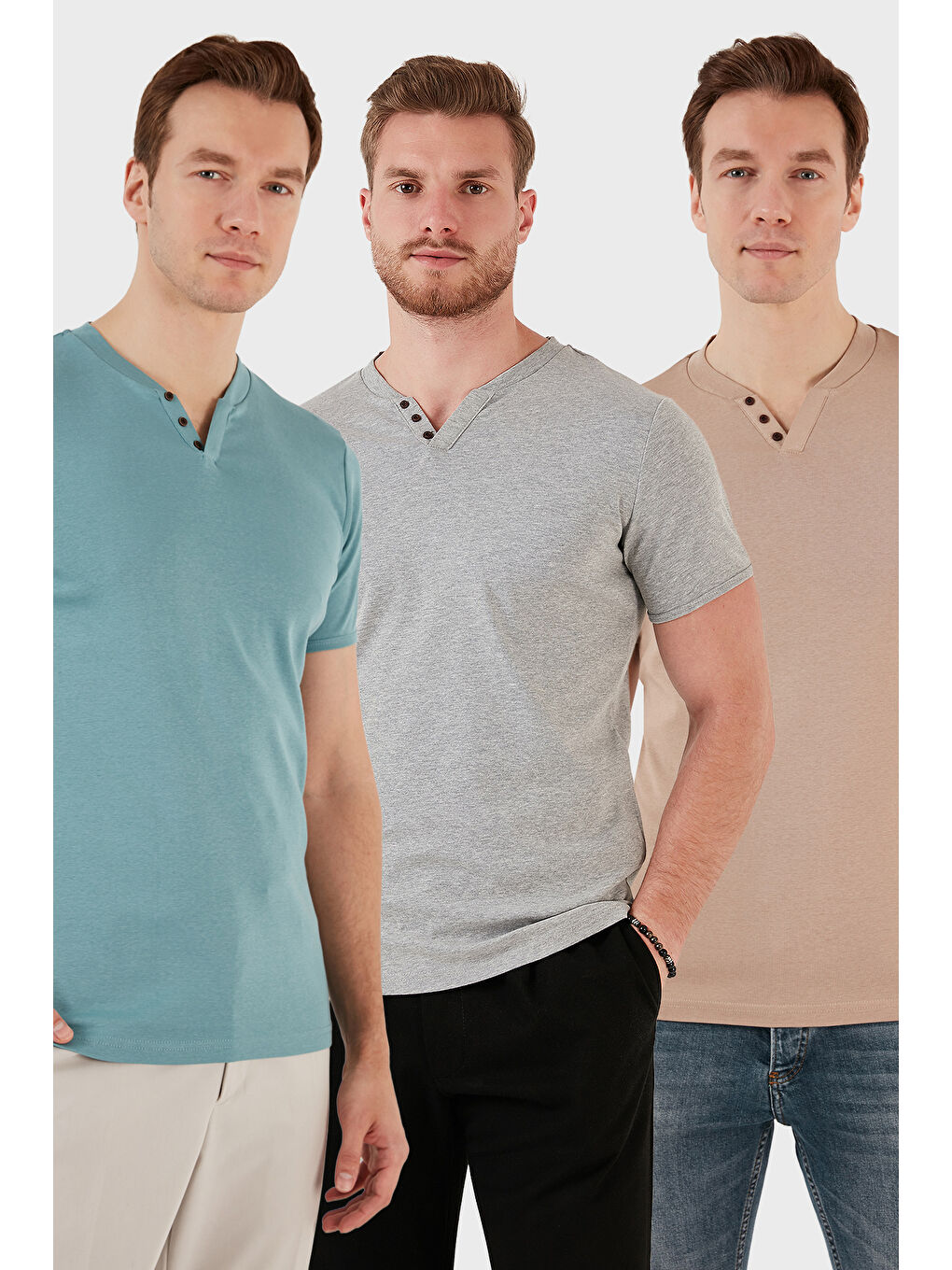 Gri Pamuklu Düğme Detaylı Slim Fit V Yaka 3'lü Paket %100 Pamuk Tişört 5902122S3