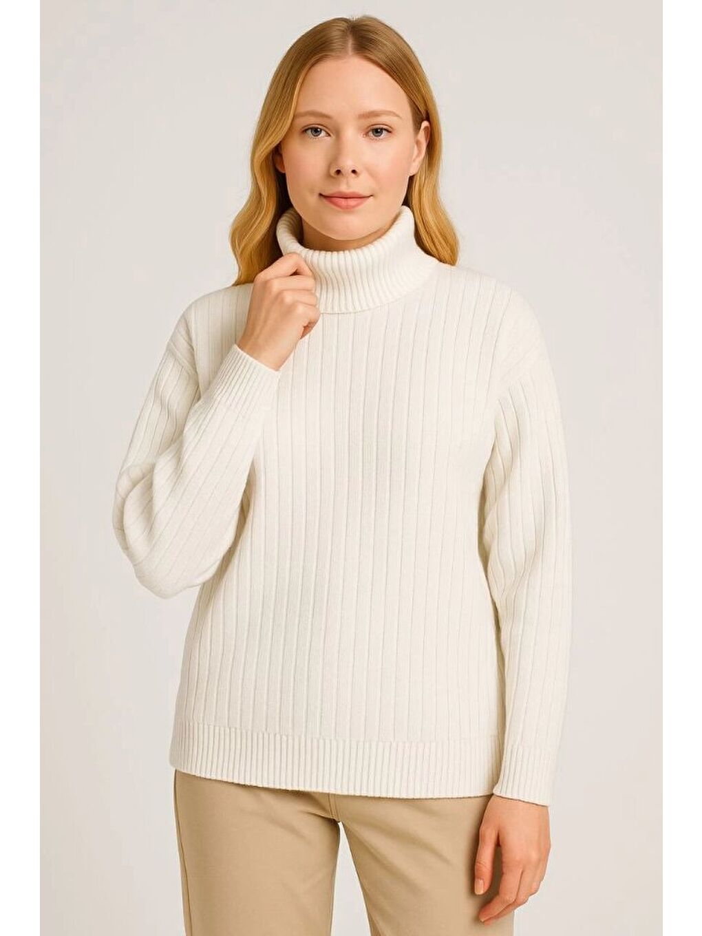 Balıkcı Yaka Bağazlı Triko Kazak Pamuklu Kalın Fitilli Dokuma - Beyaz