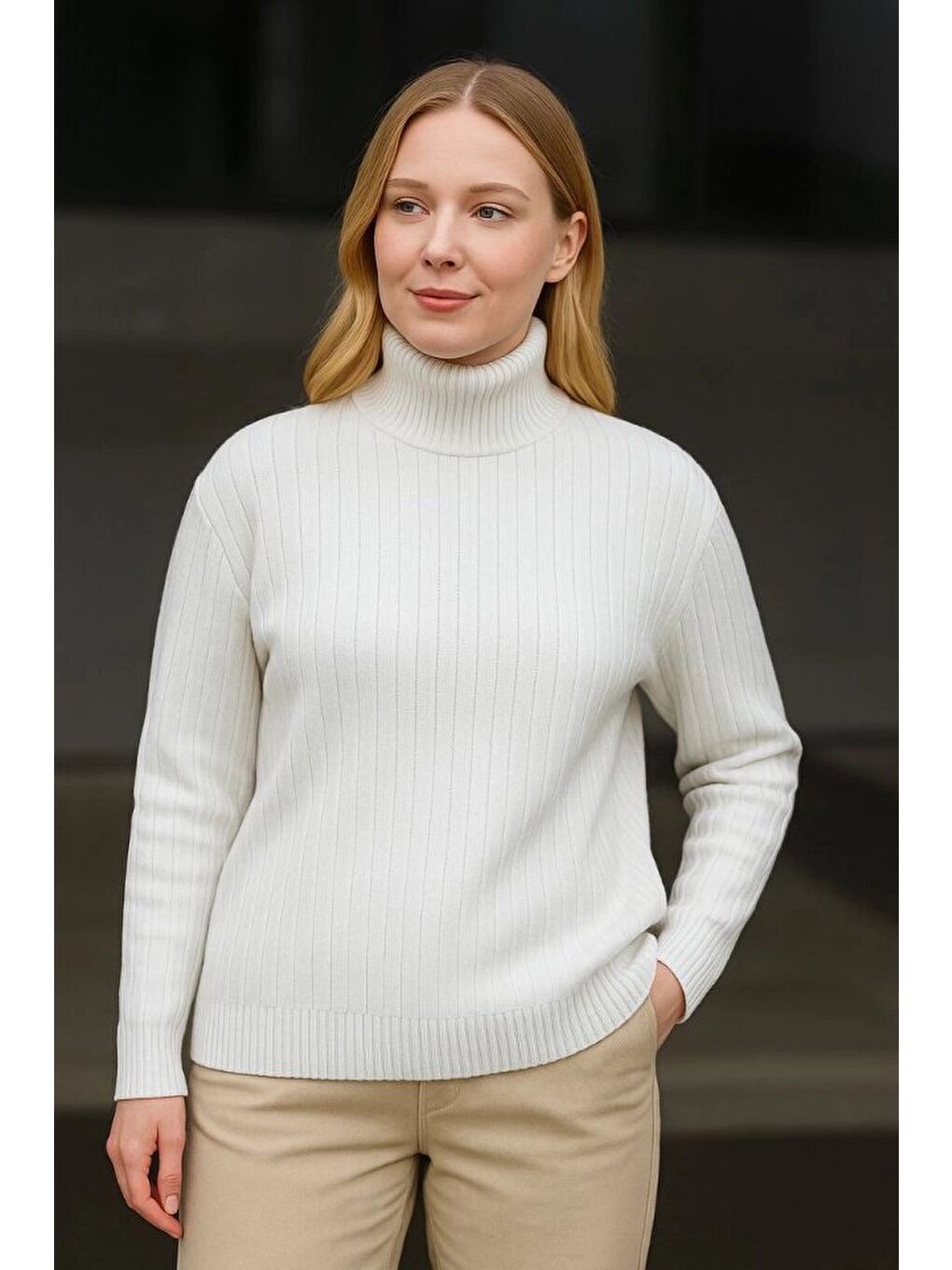 Balıkcı Yaka Bağazlı Triko Kazak Pamuklu Kalın Fitilli Dokuma - Beyaz-1