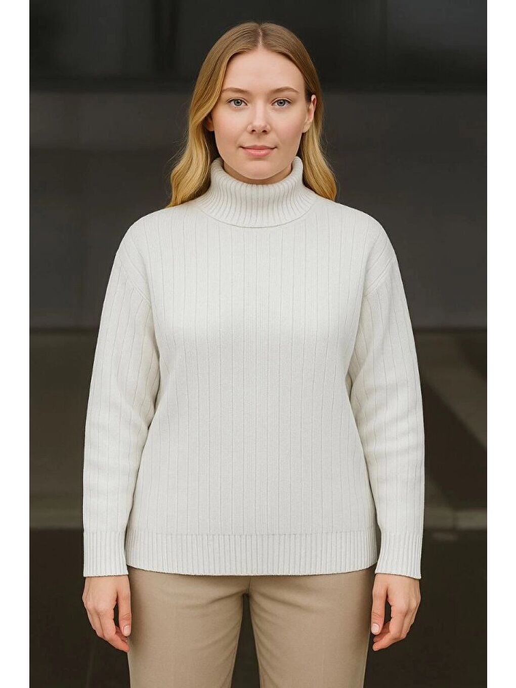 Balıkcı Yaka Bağazlı Triko Kazak Pamuklu Kalın Fitilli Dokuma - Beyaz-2