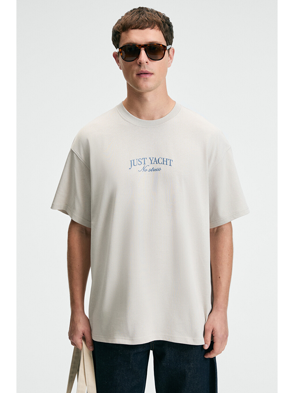 Erkek %100 Pamuk Oversize Fit Baskılı Kısa Kollu Yuvarlak Yakalı Bej Tişört-2