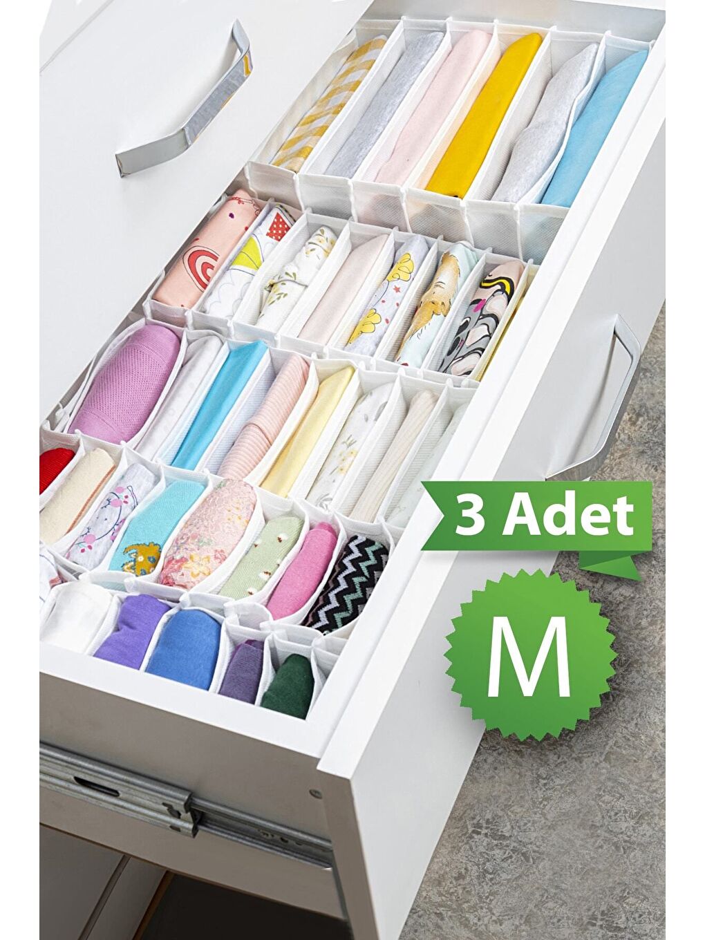 Gri 3 Adet 11 Bölmeli Çizgili Akordiyon Çok Amaçlı Çekmece Dolap İçi Organizer Düzenleyici 15x43x14 cm M-1