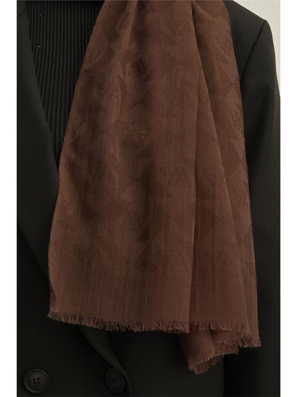 Kahverengi Lyocell Yün Monogram Desen Şal 06-2