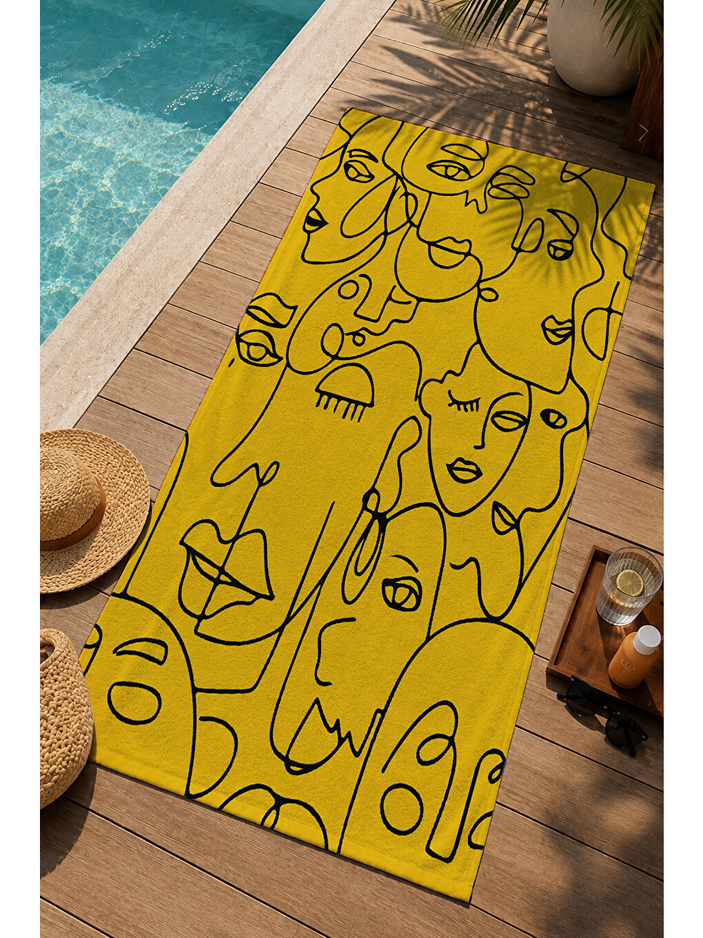 Sarı Zemin Çizgisel Soyut Yüzler Desenli 70x150 Cm Dijital Baskılı Plaj Ve Banyo Havlusu-2