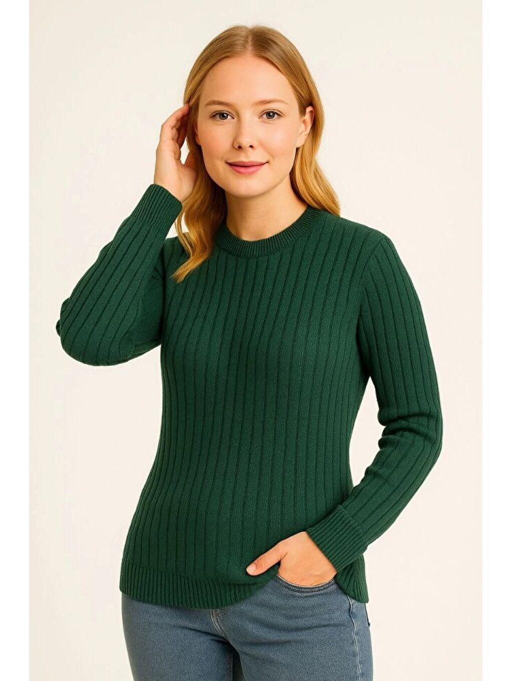 Haki Bisiklet Yuvarlak Yaka Triko Kazak Pamuklu Kalın Fitilli Dokuma, Regular Fit Uzun Kollu Kışlık Model-2