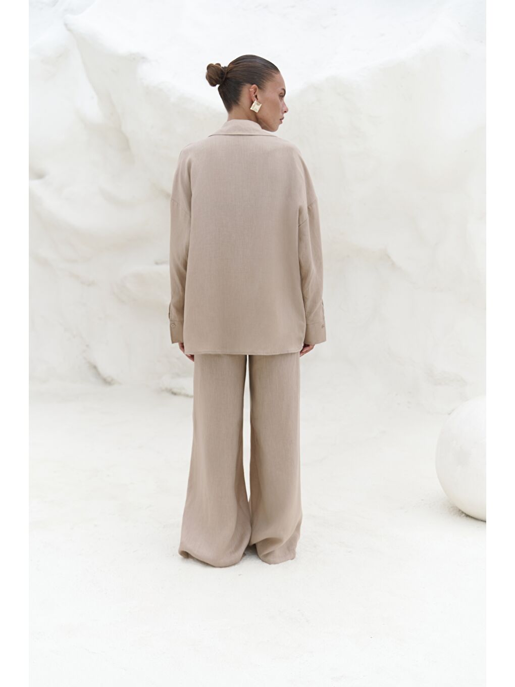 Jelsomina Oversize Bej Keten Gömlek Pantolon Takım-1
