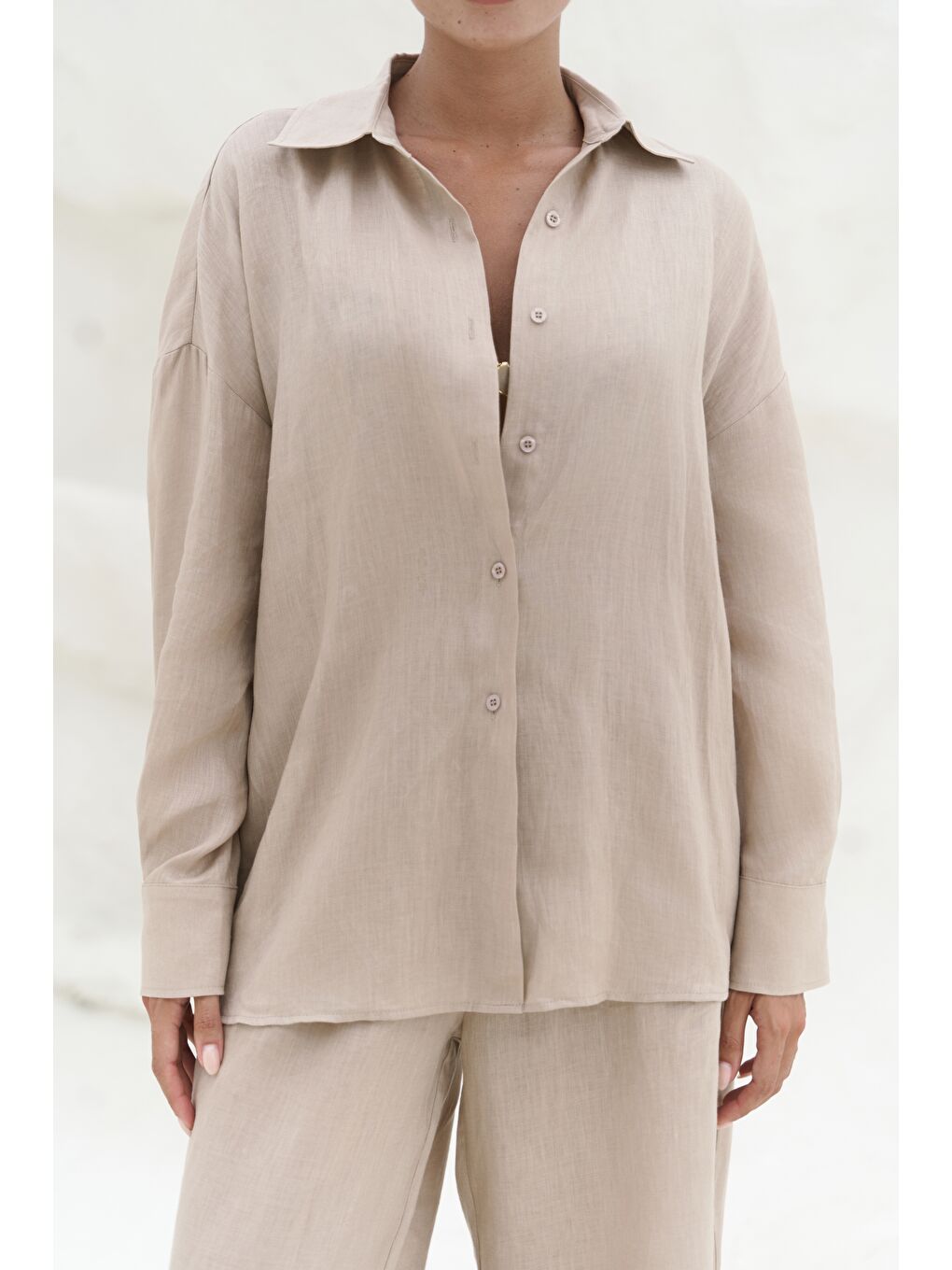 Jelsomina Oversize Bej Keten Gömlek Pantolon Takım-3