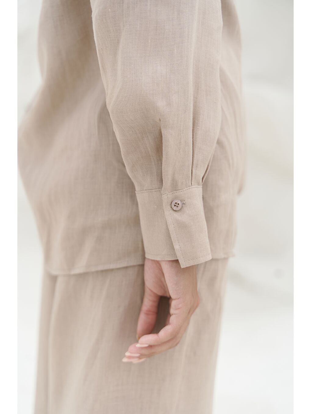 Jelsomina Oversize Bej Keten Gömlek Pantolon Takım-4