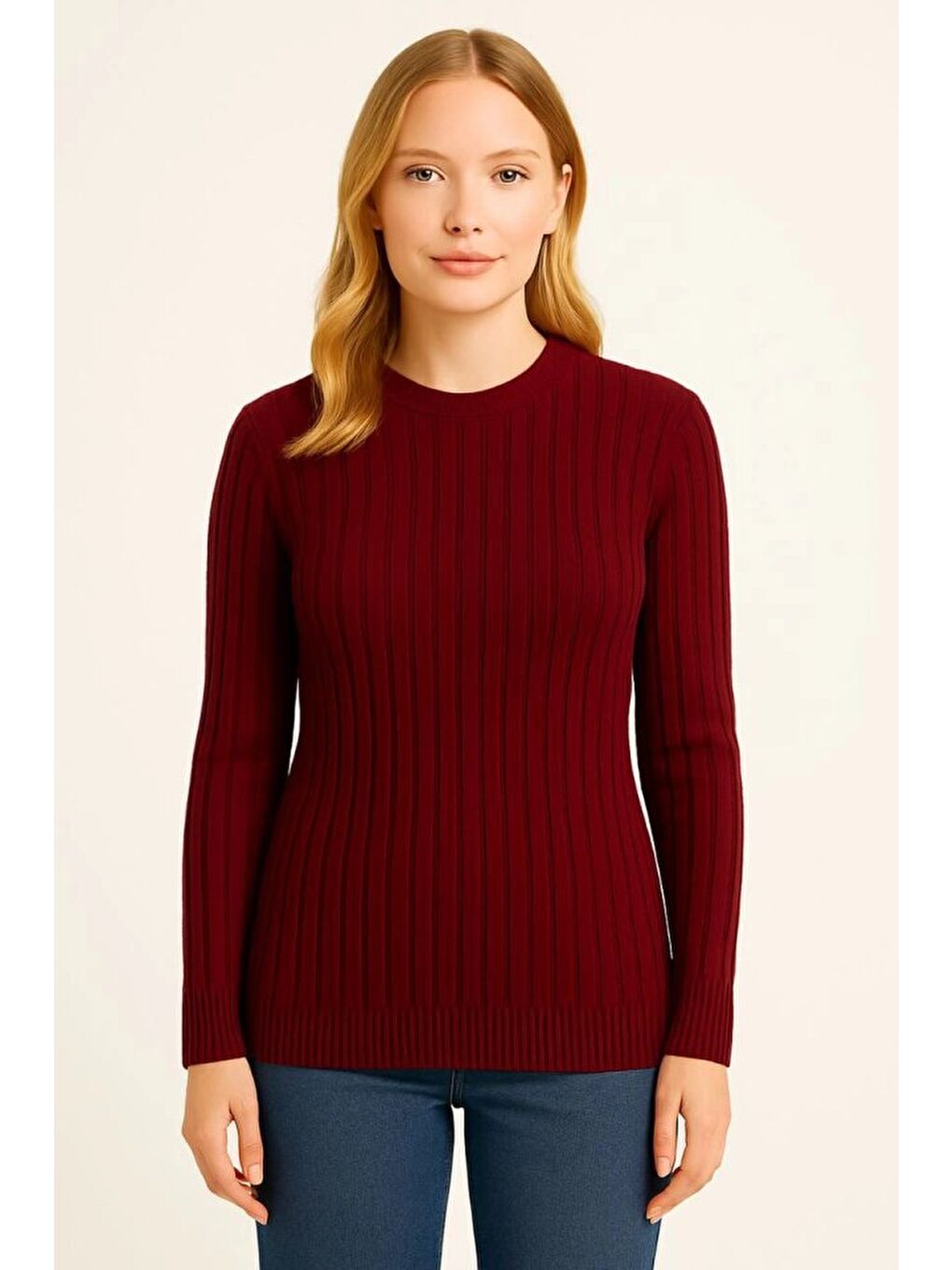 Bordo Bisiklet Yuvarlak Yaka Triko Kazak Pamuklu Kalın Fitilli Dokuma, Regular Fit Uzun Kollu Kışlık Model-1