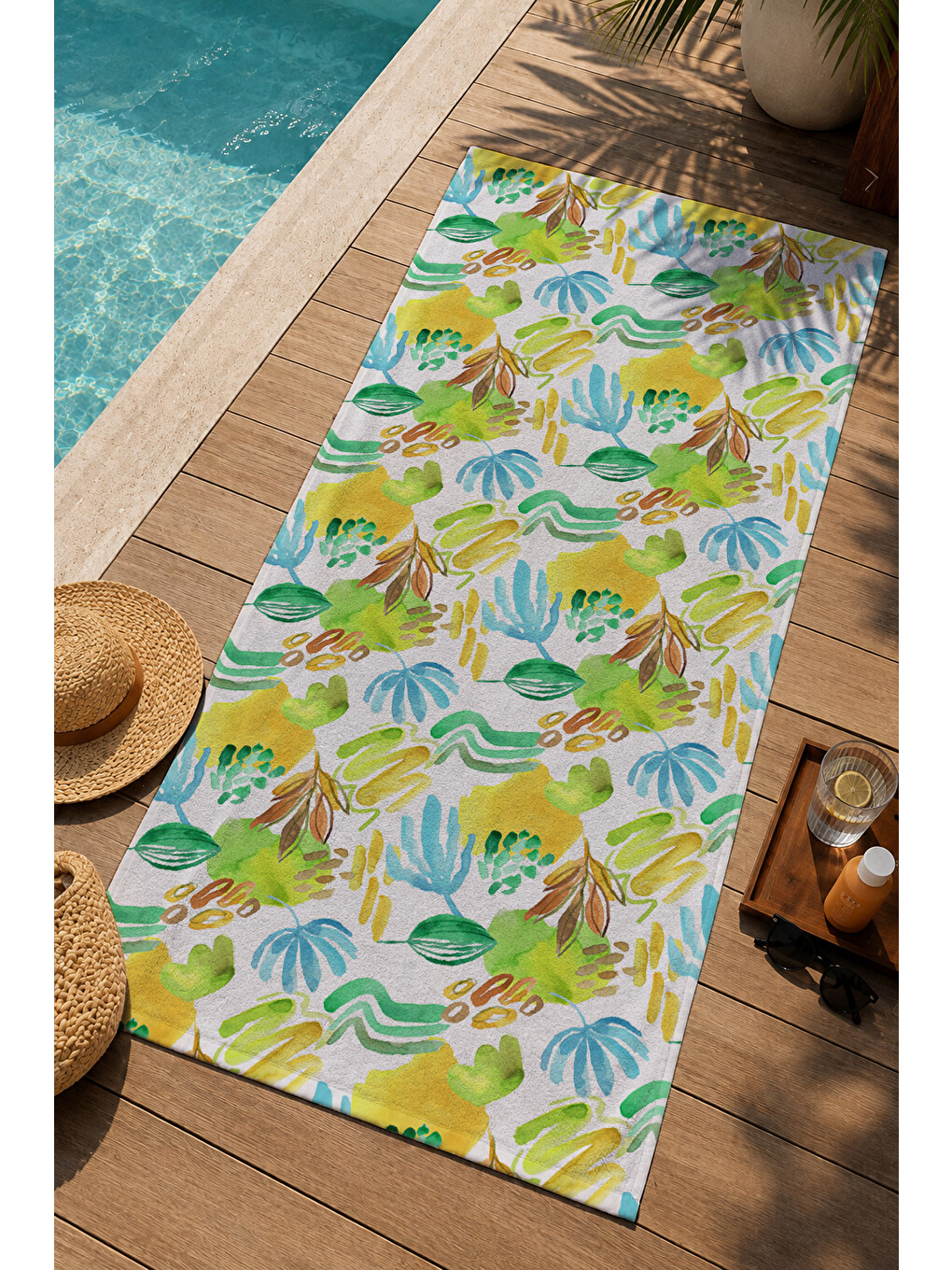 Sarı Yeşil Mavi Tropikal Yaprak Ve Kuş Desenli 70x150 Cm Dijital Baskılı Plaj Ve Banyo Havlusu-2