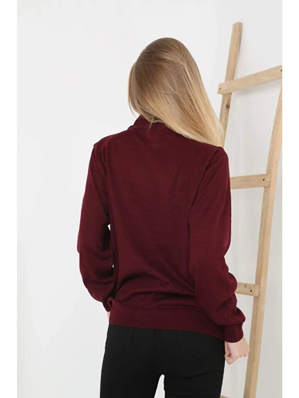 Yarım Boğaz Triko Kazak Yumuşak Dokulu Pamuklu Ince Dokuma, Uzun Kollu Rahat Regular Kalıp - Bordo-1