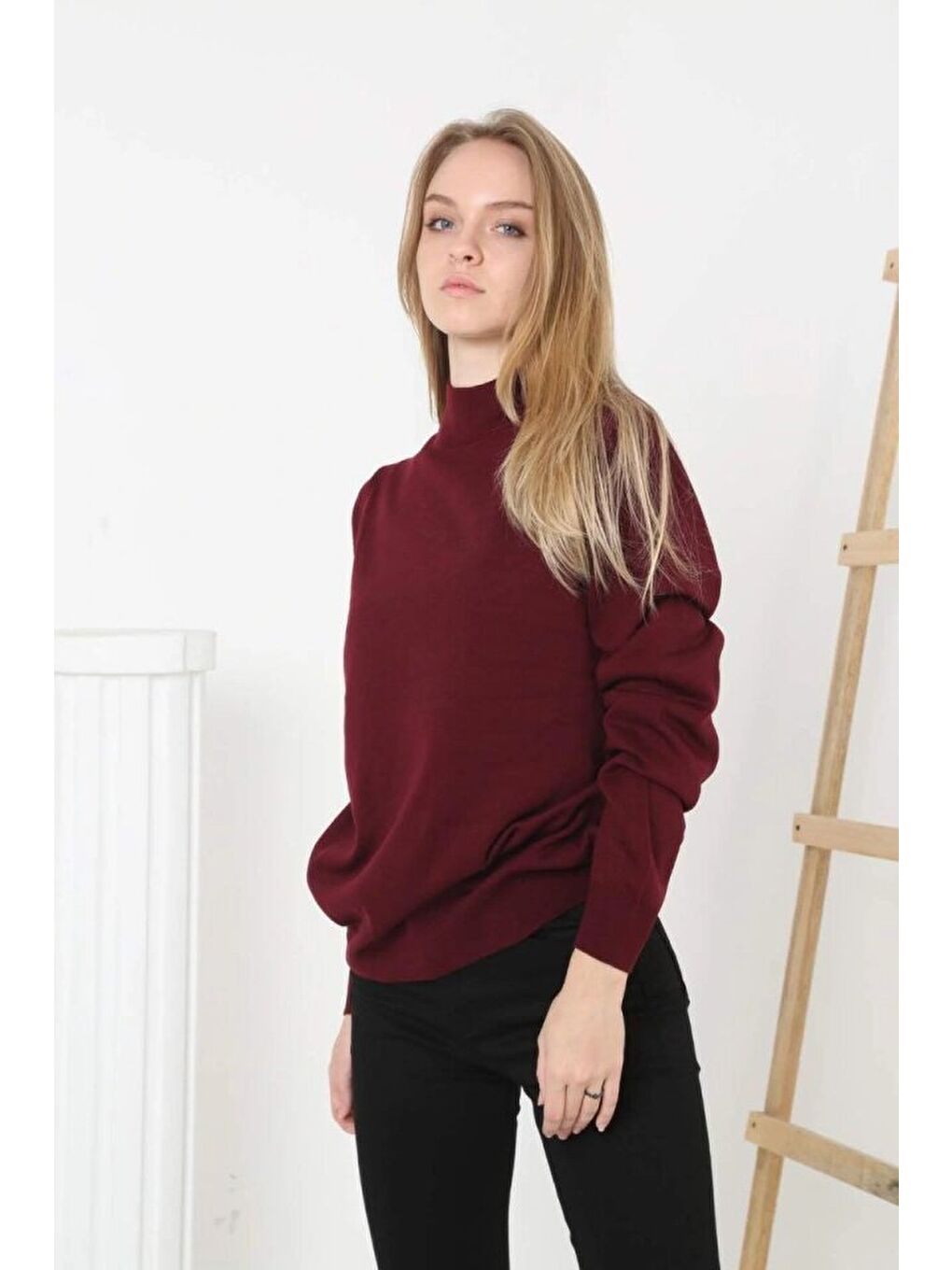 Yarım Boğaz Triko Kazak Yumuşak Dokulu Pamuklu Ince Dokuma, Uzun Kollu Rahat Regular Kalıp - Bordo-2