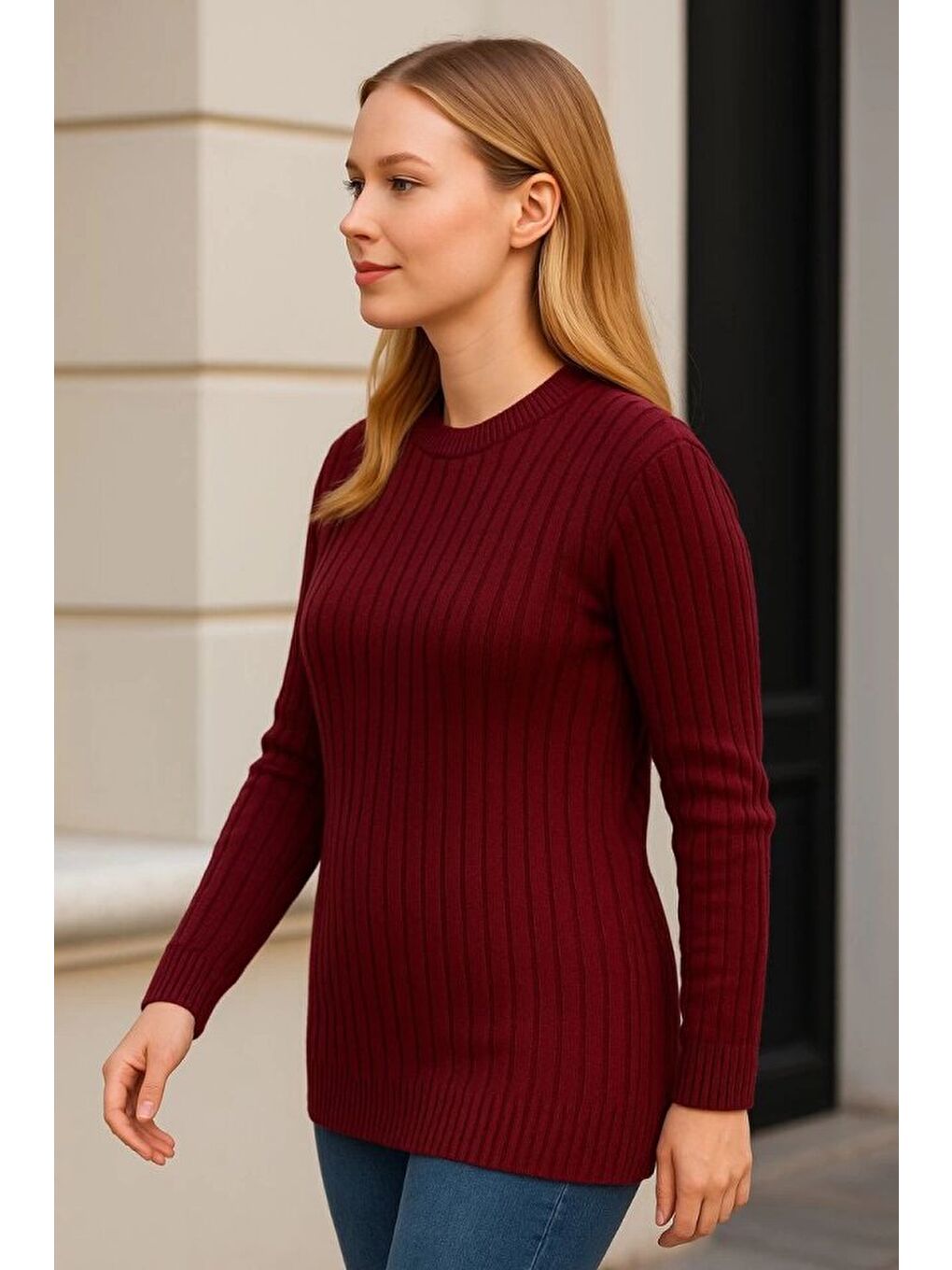 Bordo Bisiklet Yuvarlak Yaka Triko Kazak Pamuklu Kalın Fitilli Dokuma, Regular Fit Uzun Kollu Kışlık Model-2