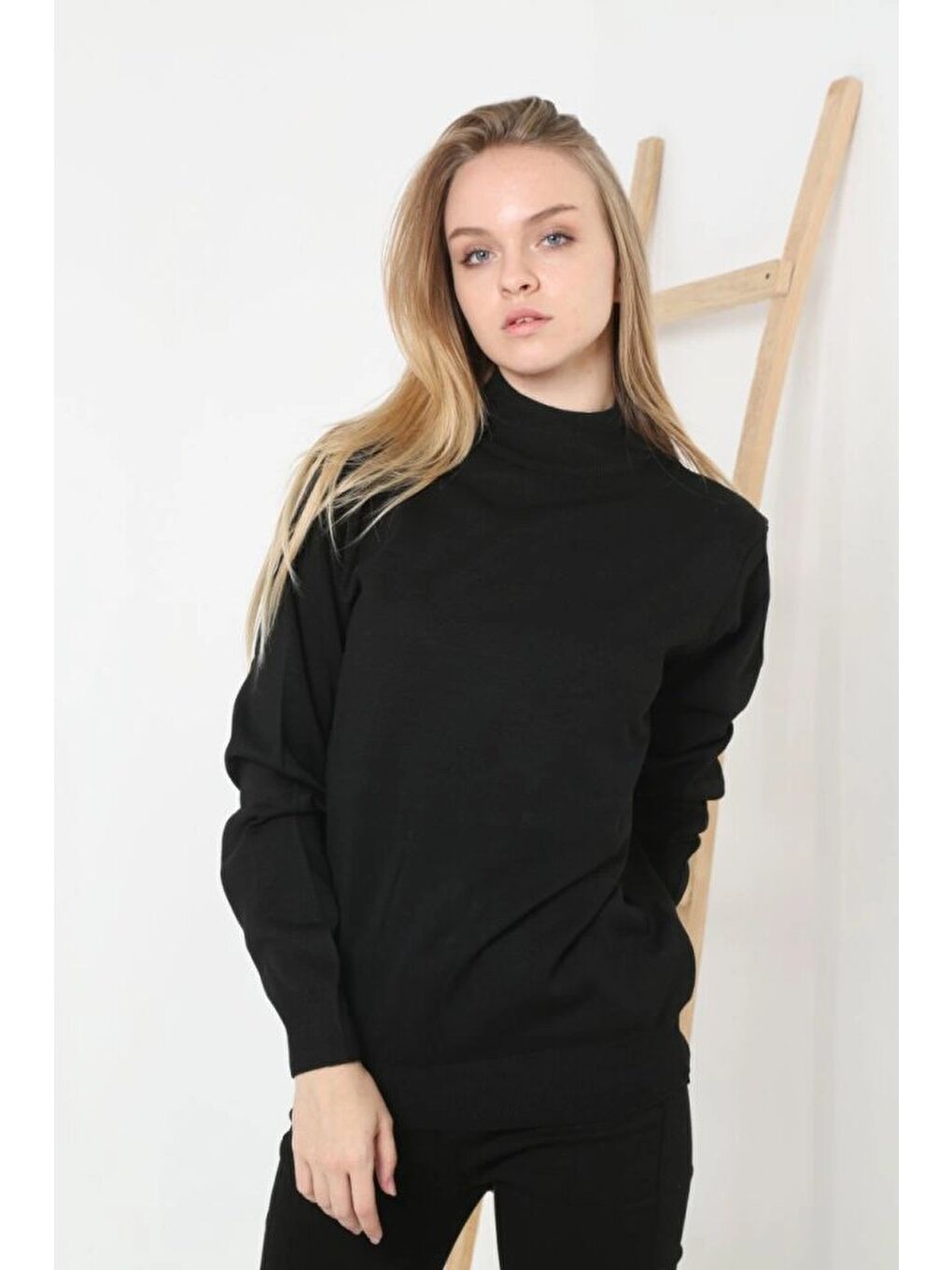 Yarım Boğaz Triko Kazak Yumuşak Dokulu Pamuklu Ince Dokuma, Uzun Kollu Rahat Regular Kalıp - Siyah-2