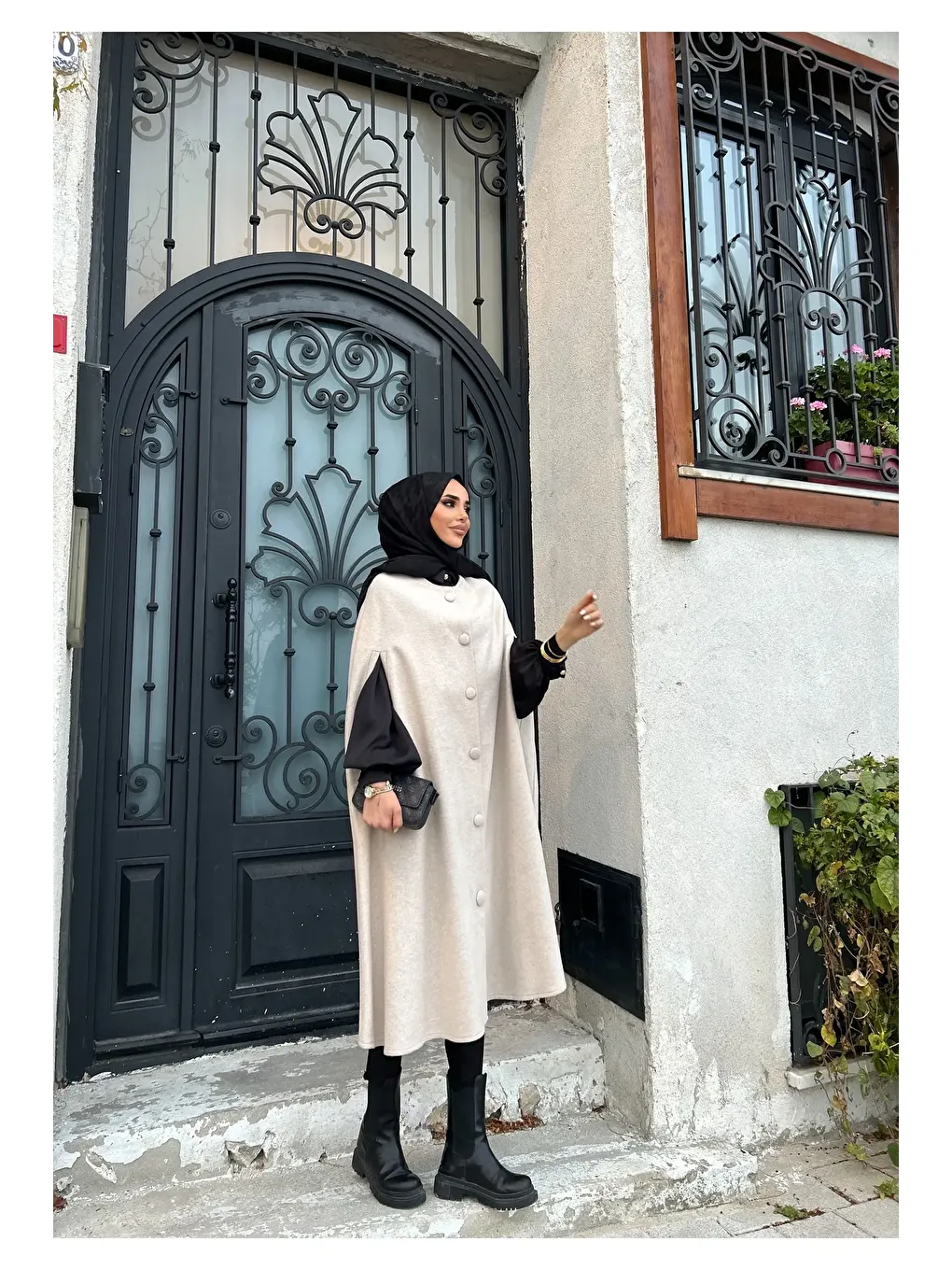 Ekru KADIN KAŞE PELERİN PANÇO-1