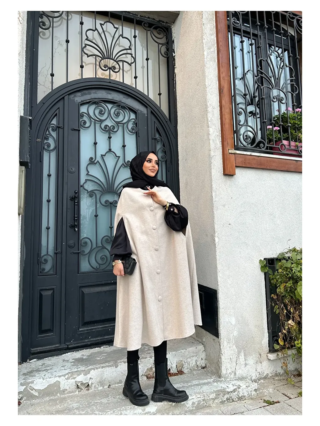 Ekru KADIN KAŞE PELERİN PANÇO-2