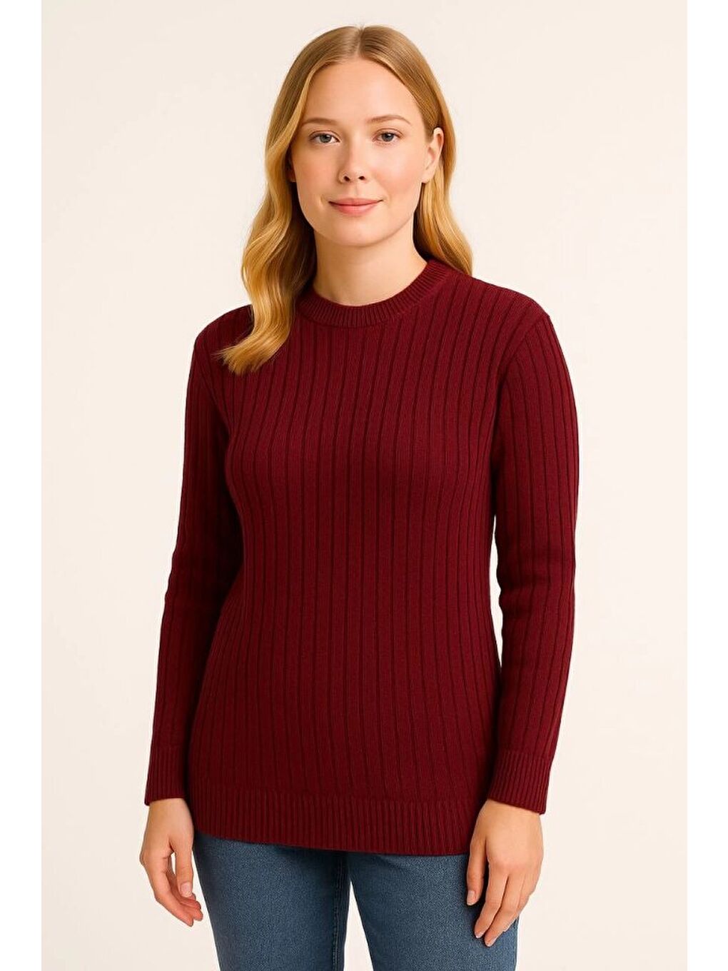 Bordo Bisiklet Yuvarlak Yaka Triko Kazak Pamuklu Kalın Fitilli Dokuma, Regular Fit Uzun Kollu Kışlık Model-3