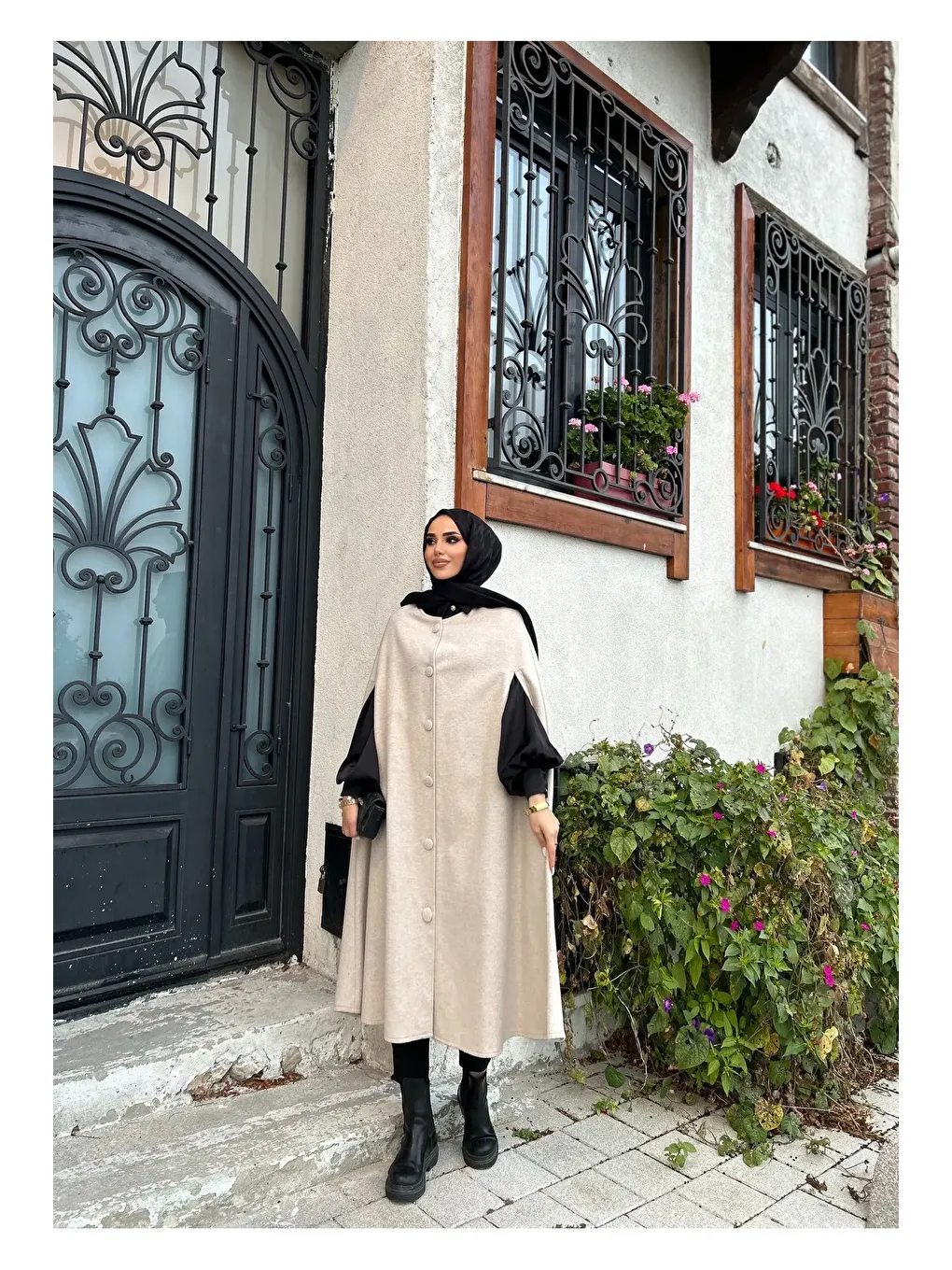 Ekru KADIN KAŞE PELERİN PANÇO-3