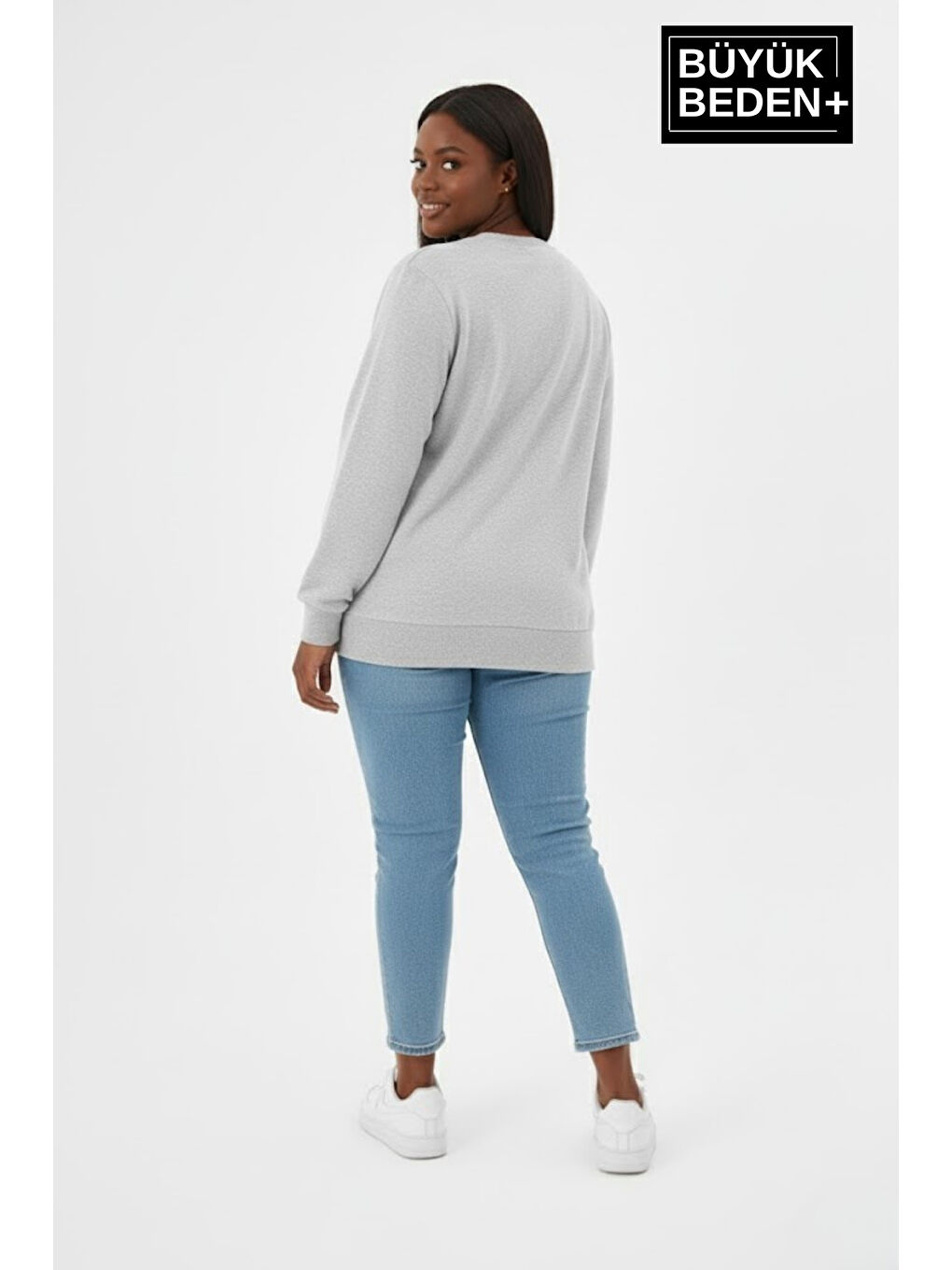 Gri Kadın Büyük Beden BROOKLYN 1970 Baskılı Bisilet Yaka İnce Sweatshirt SPR26BSWK956-3-2