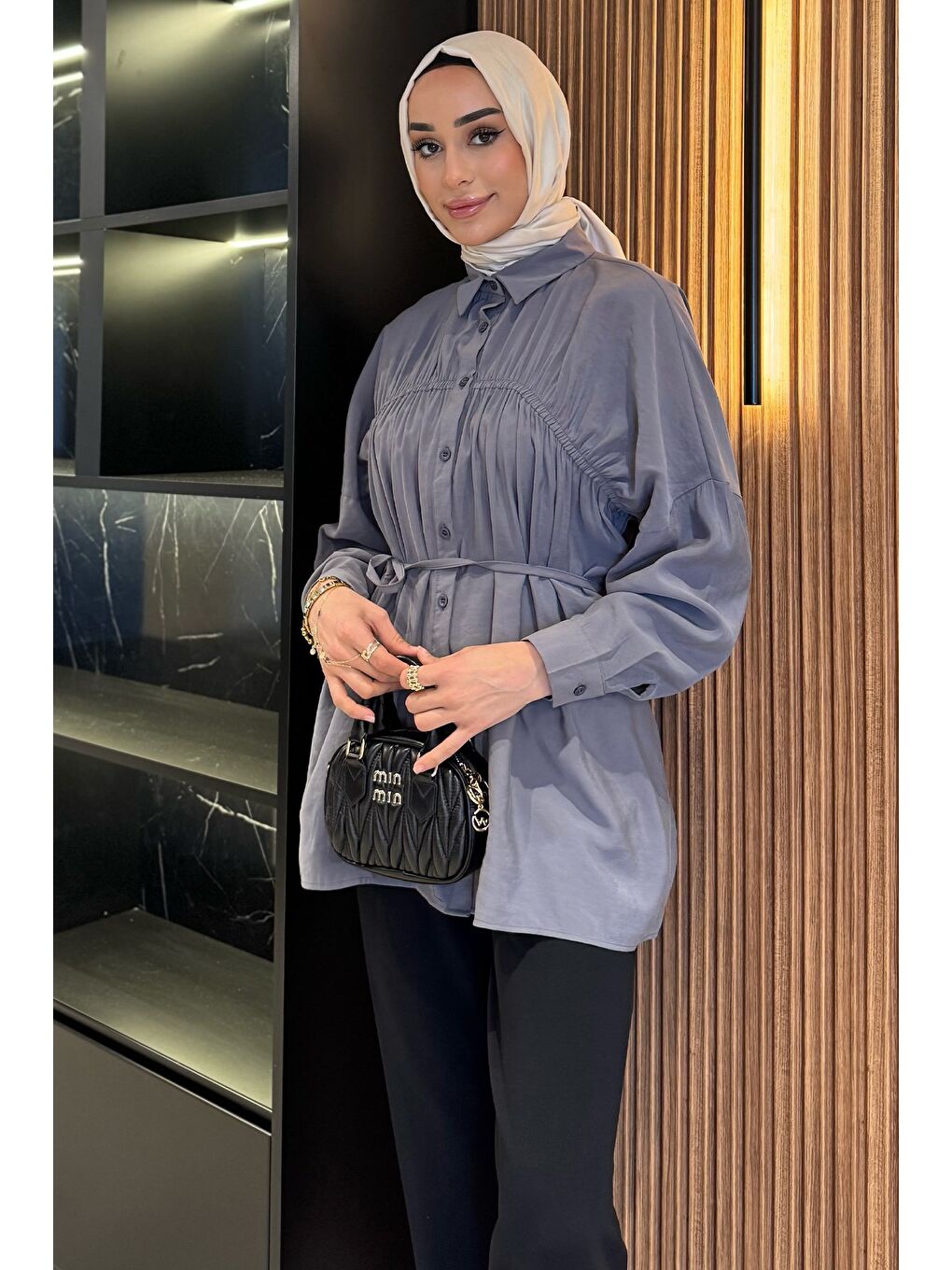 Gri Kadın Ön Büzgü Detaylı Bel Bağlamalı Tesettür Tunik-3