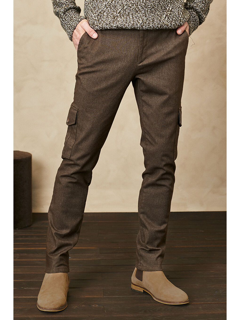 Erkek Kahverengi Slim Fit Dar Kesim Diyagonal Desenli Kargo Cepli Esnek Pantolon