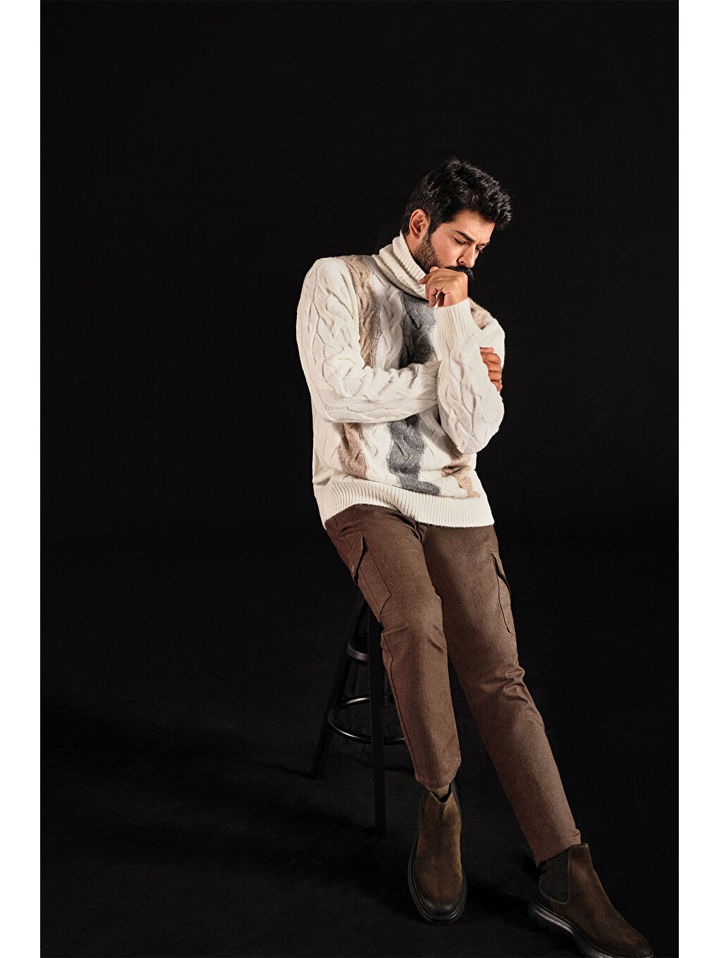 Erkek Kahverengi Slim Fit Dar Kesim Diyagonal Desenli Kargo Cepli Esnek Pantolon-1