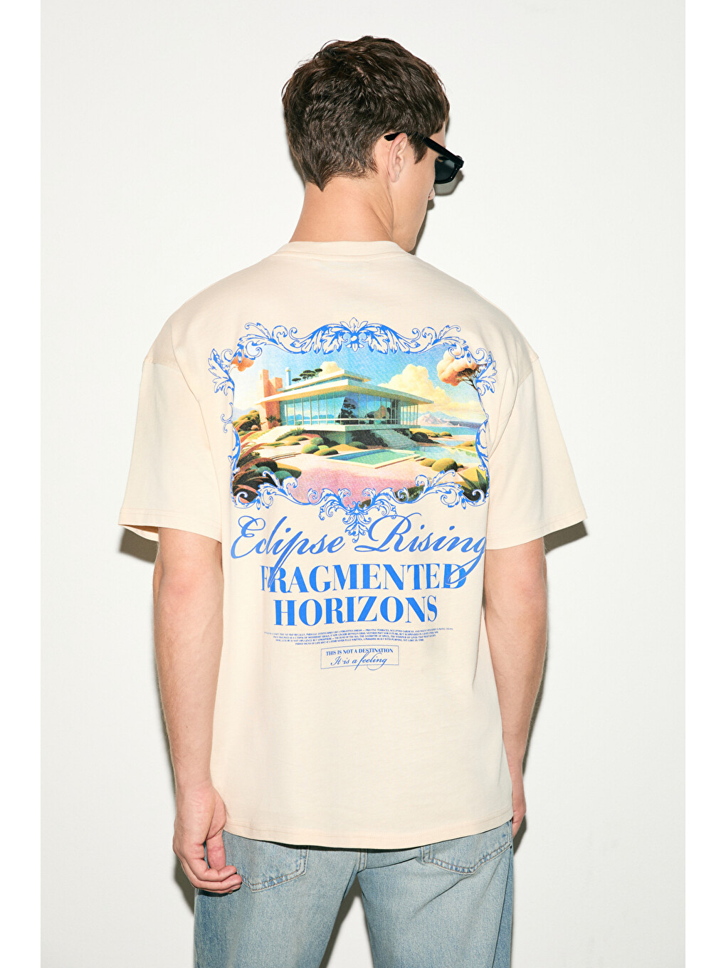Bej Erkek %100 Pamuk Oversize Fit Baskılı Kısa Kollu Yuvarlak Yakalı Vanilya Tişört-5