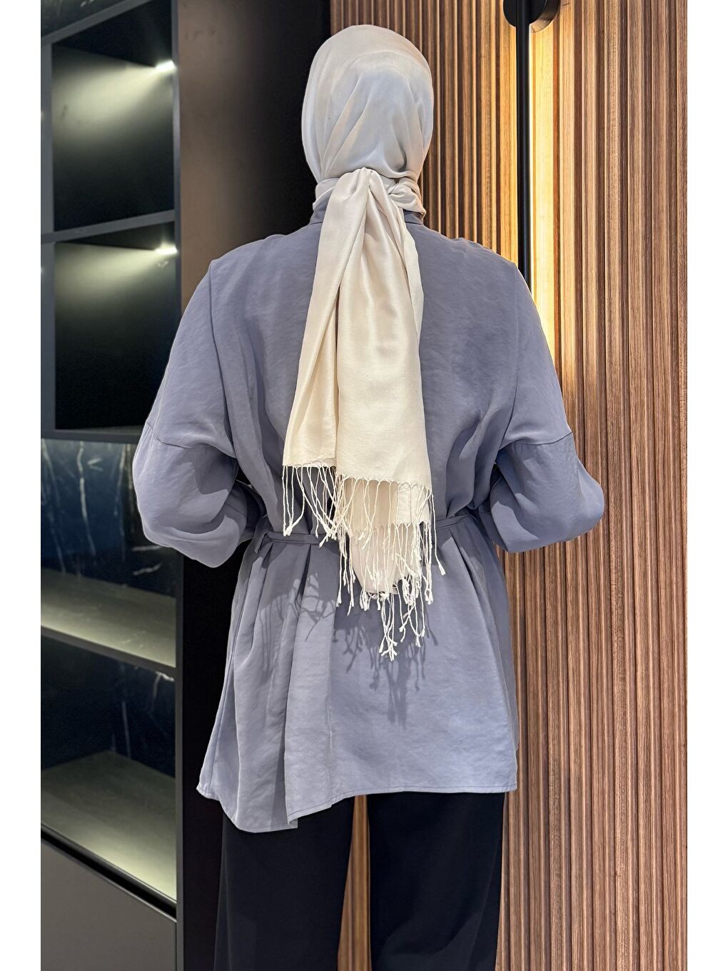 Gri Kadın Ön Büzgü Detaylı Bel Bağlamalı Tesettür Tunik-6