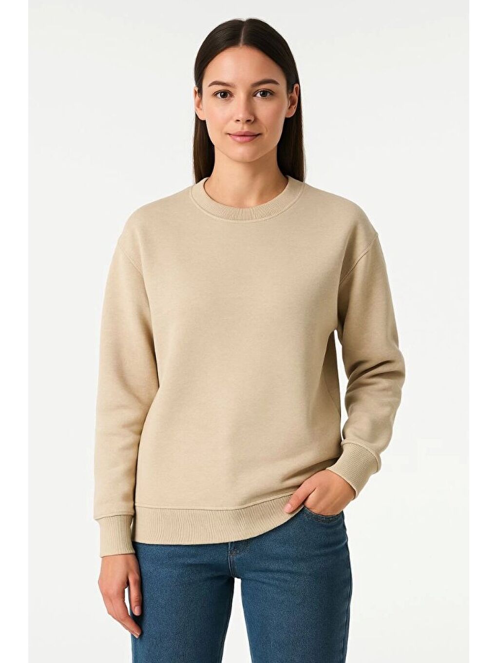 Üç İplik Düz Bisiklet Yaka SweatShirt - Bej-1