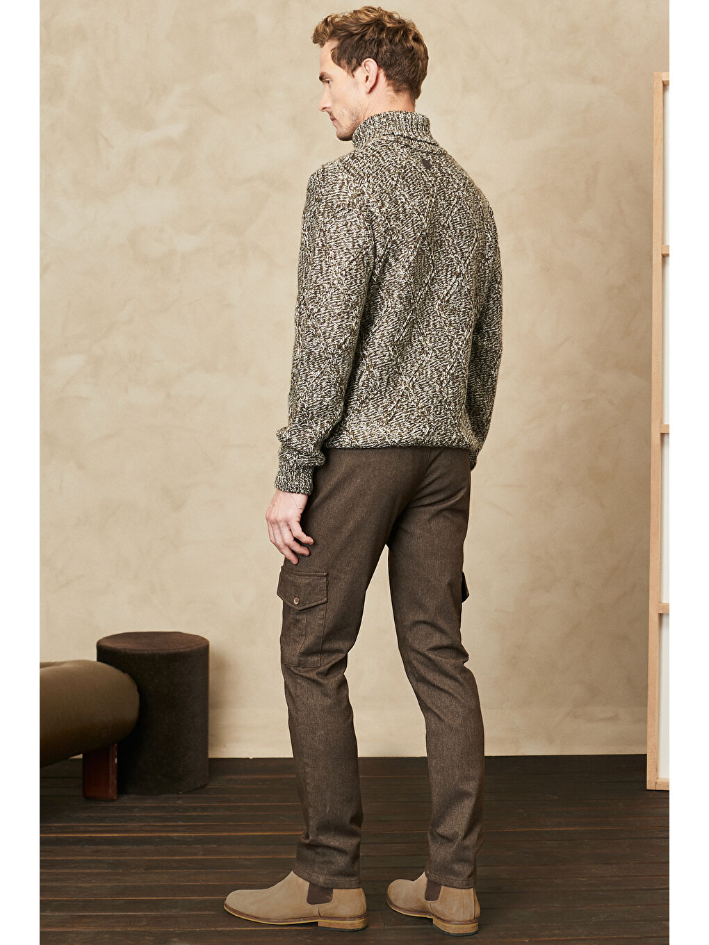 Erkek Kahverengi Slim Fit Dar Kesim Diyagonal Desenli Kargo Cepli Esnek Pantolon-4