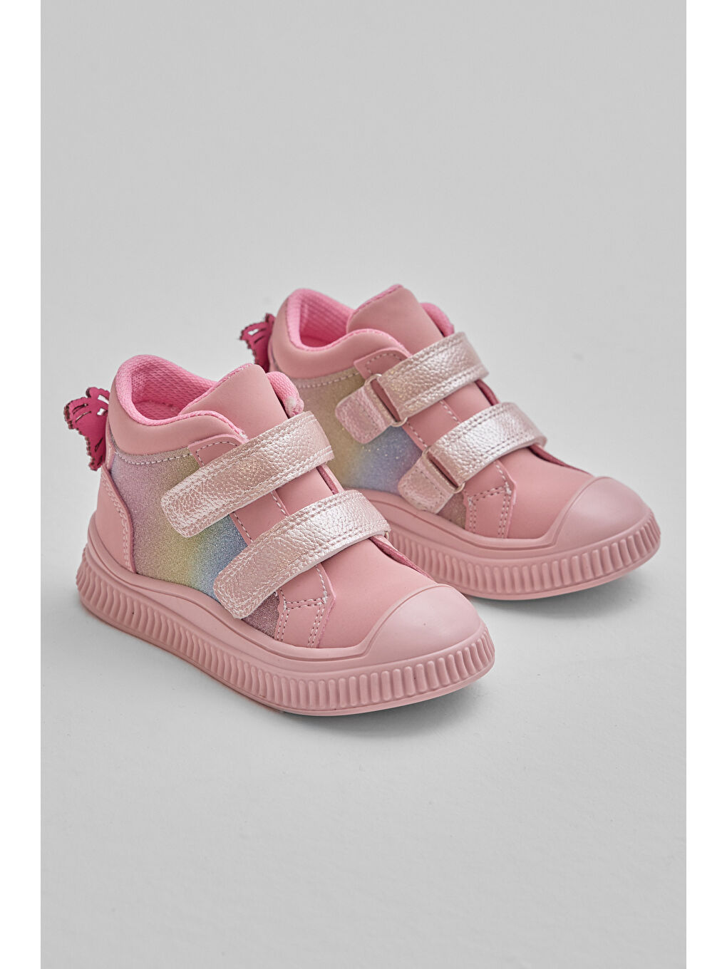 Pembe Çocuk Unisex Pudra Esnek Termo Taban Çift Cırtlı Şerit Desenli Spor Kısa Bot-2