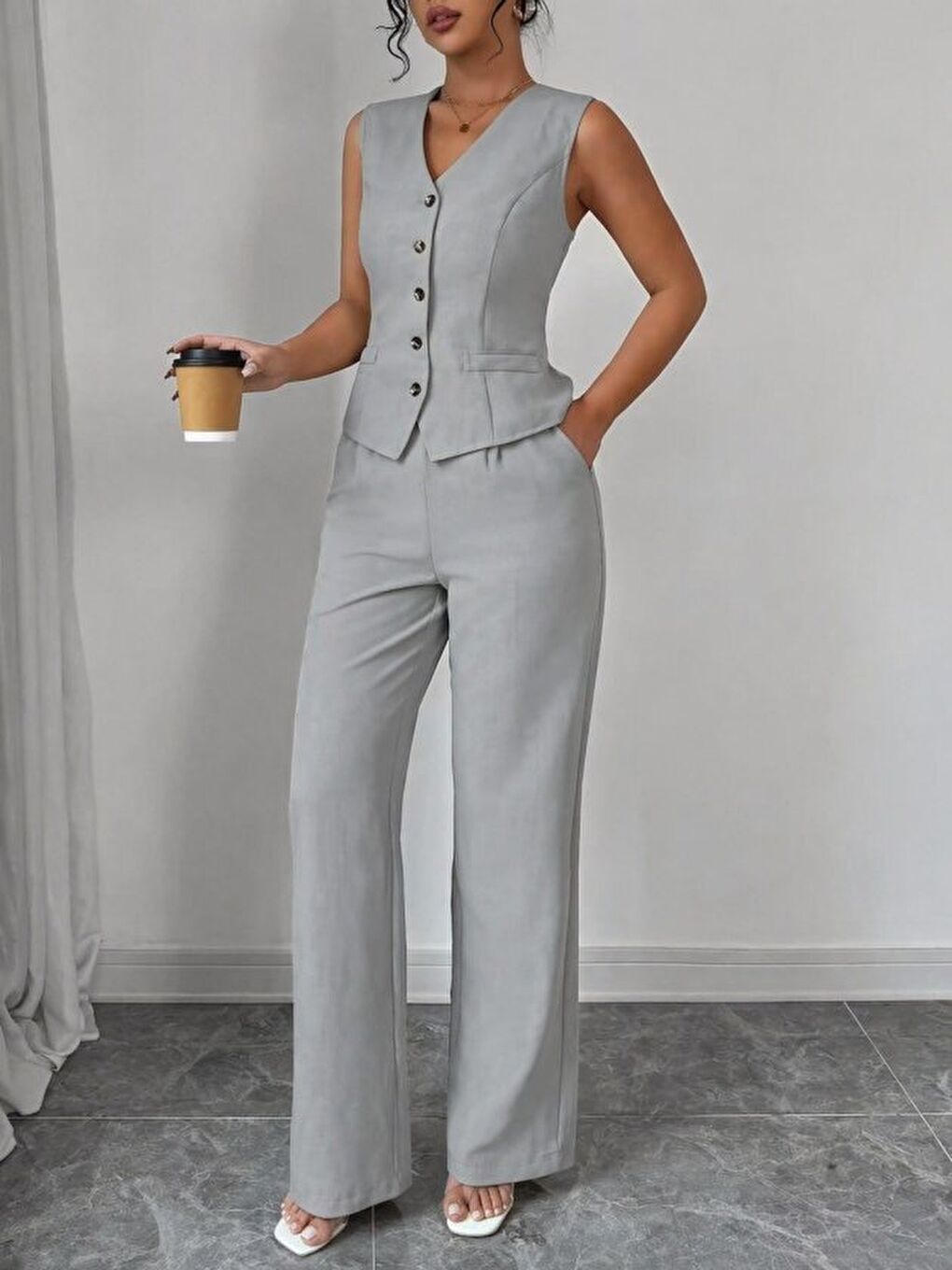 Gri Kadın Askılı önden Düğmeli Bluz Ve Pantolon Keten Ikili Takım-1