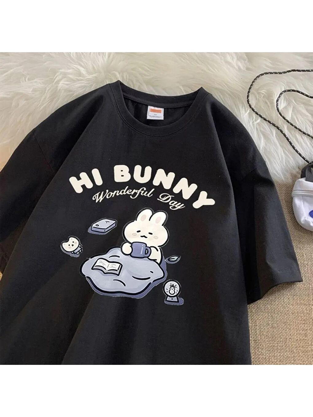 Touz Moda Siyah Hi Bunny Baskılı Siyah Unisex Oversize T-shirt