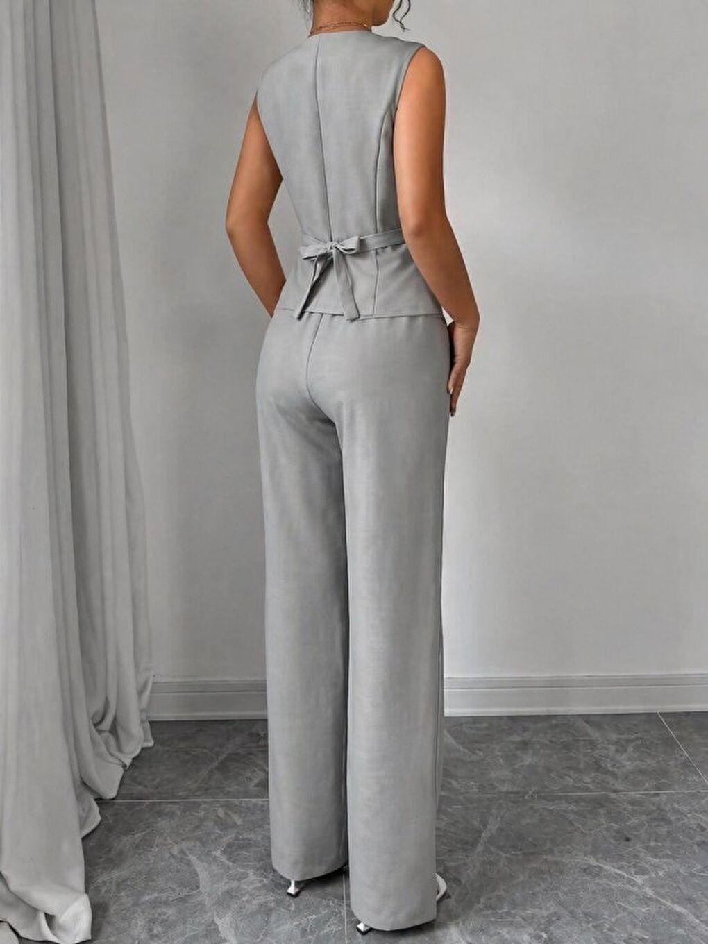 Gri Kadın Askılı önden Düğmeli Bluz Ve Pantolon Keten Ikili Takım-2