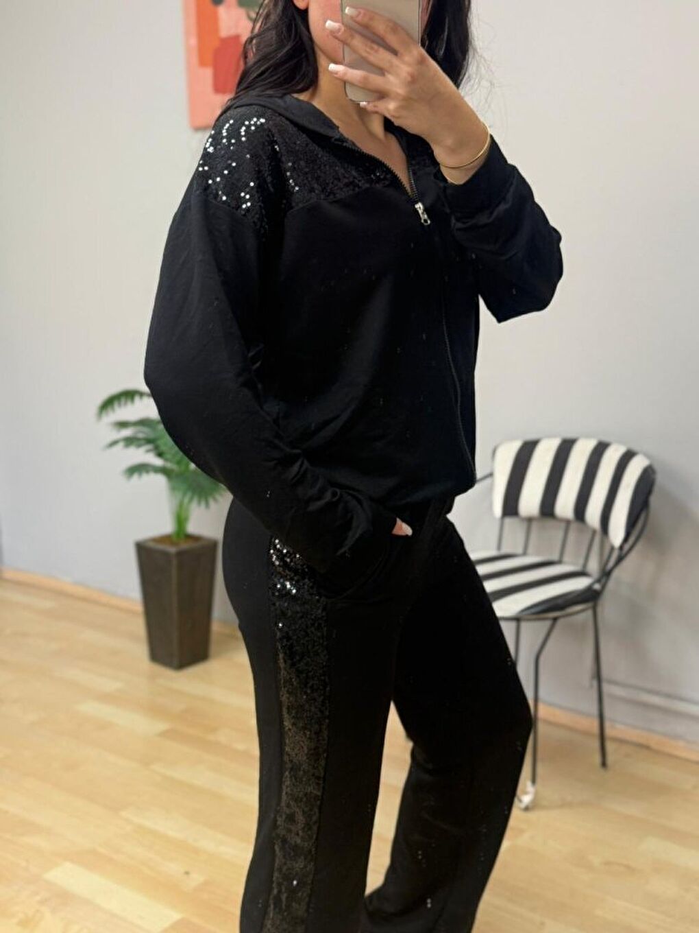 Siyah Kadın Iki Iplik Kumaş Pul Ve Fermuar Detaylı Ikili Takım-1