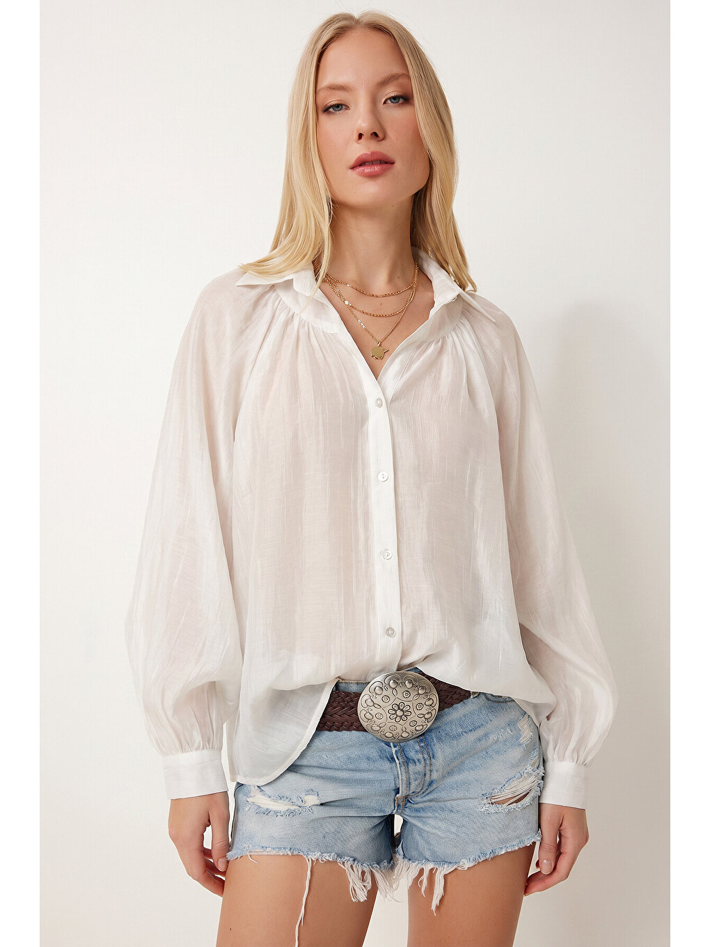 Beyaz Balon Kollu Transparan Oversize Gömlek BEYAZ LYY0141