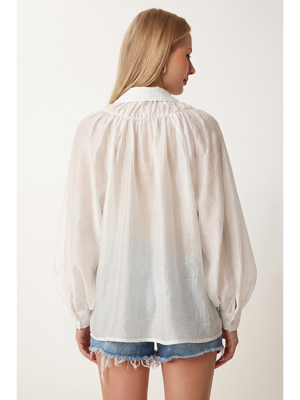 Beyaz Balon Kollu Transparan Oversize Gömlek BEYAZ LYY0141-4
