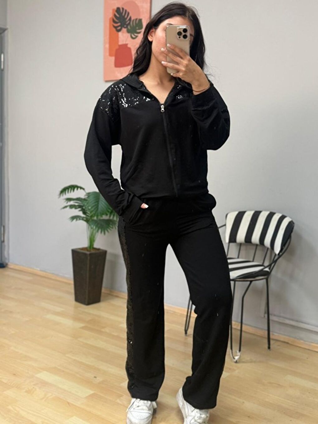 Siyah Kadın Iki Iplik Kumaş Pul Ve Fermuar Detaylı Ikili Takım-3