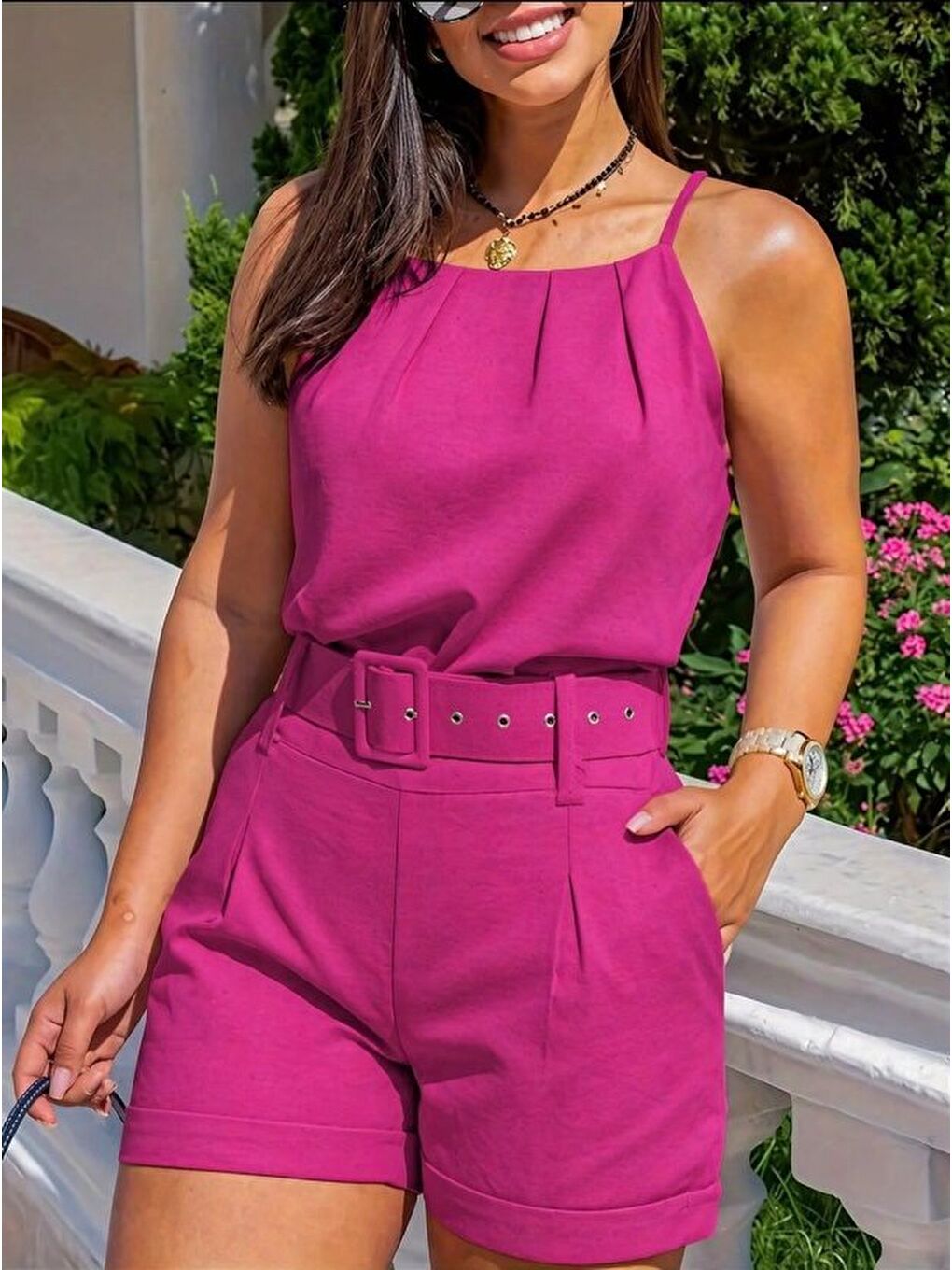 Pembe Kadın Boyundan Ip Askılı Bluz Ve Kısa Ikili Takım-2