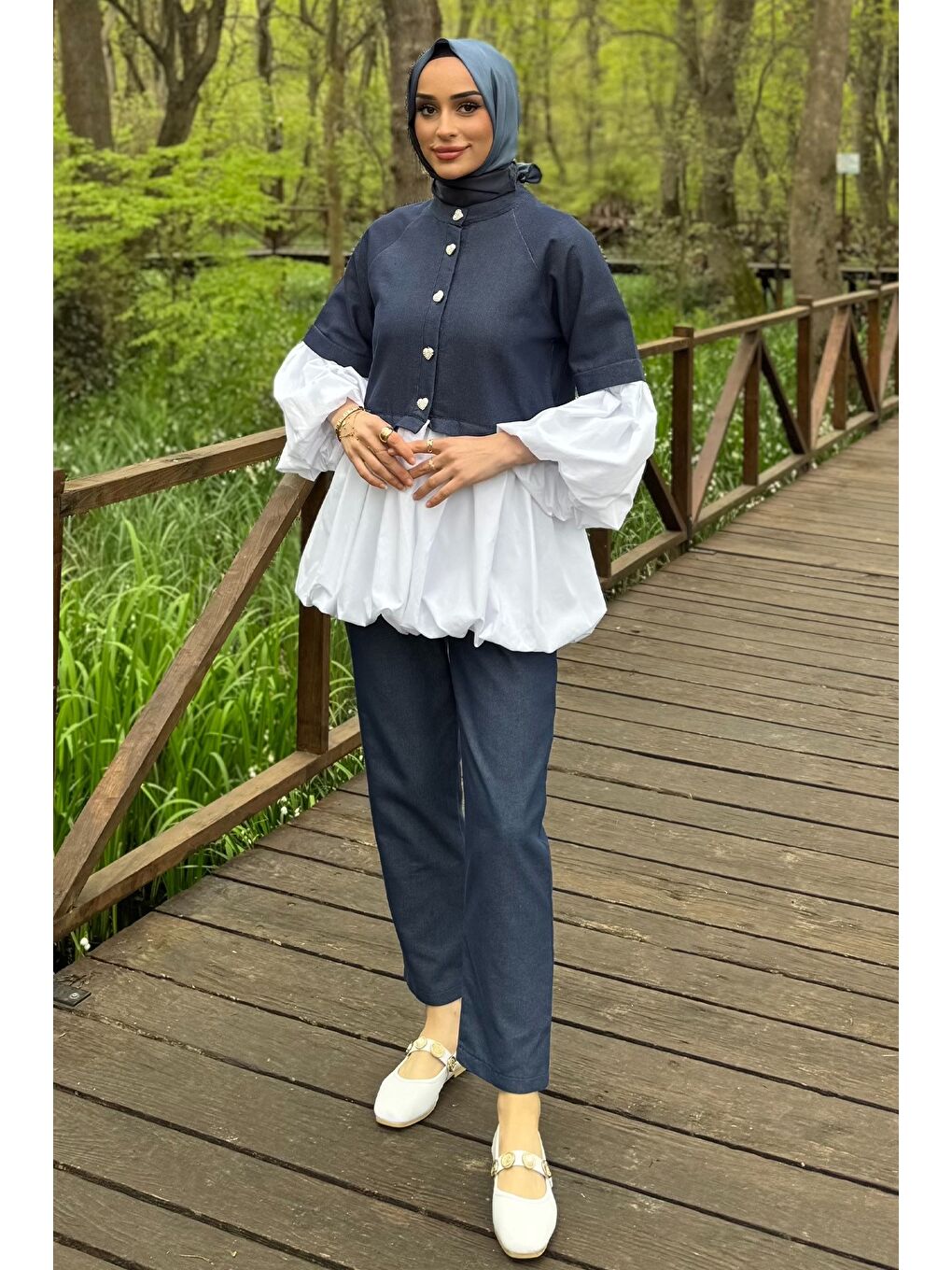 Lacivert Balon Kol Garnili Taşlanmış Jean Tunik Pantolon Tesettür İkili Takım-3