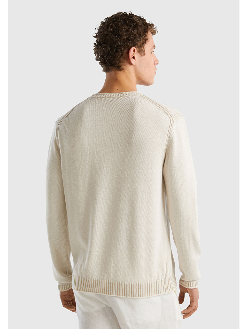 Ekru Erkek Krem Pamuk Karışımlı Bisiklet Yaka Basic Kazak-1