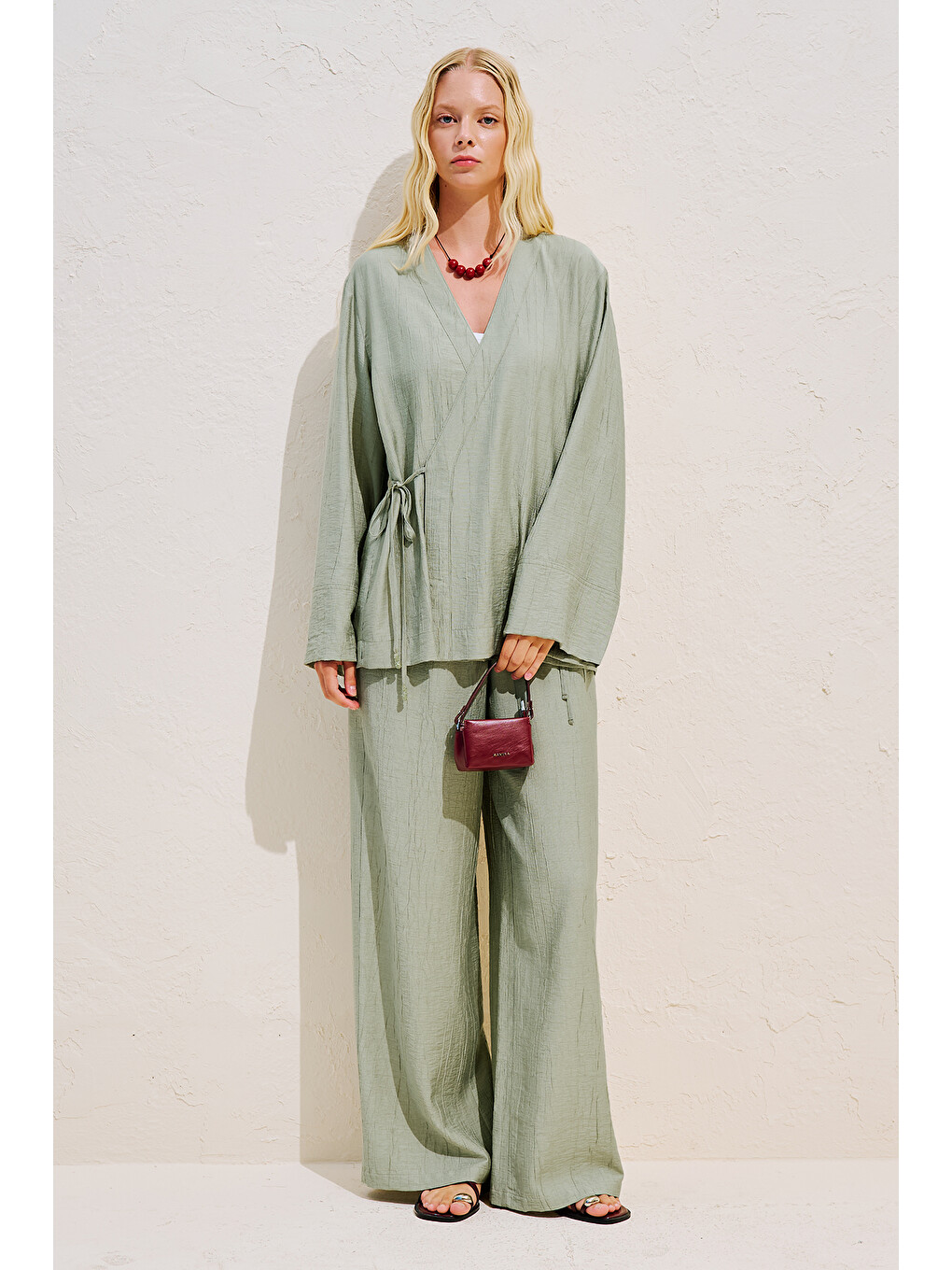 Dokulu Bağlamalı Kimono Bluz Yeşil-1