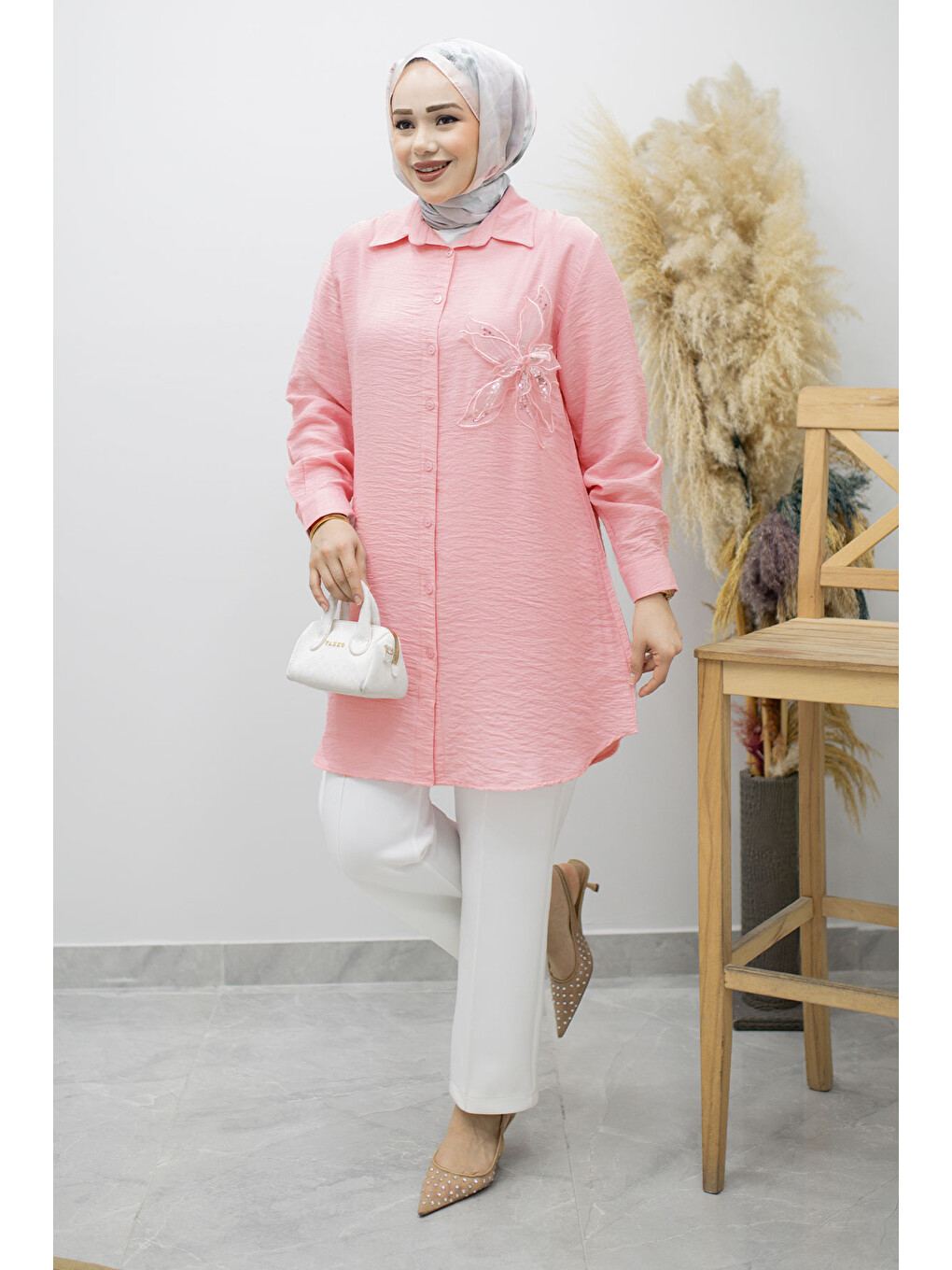 Çiçek Detaylı Gömlek TSD260193 Pembe-2