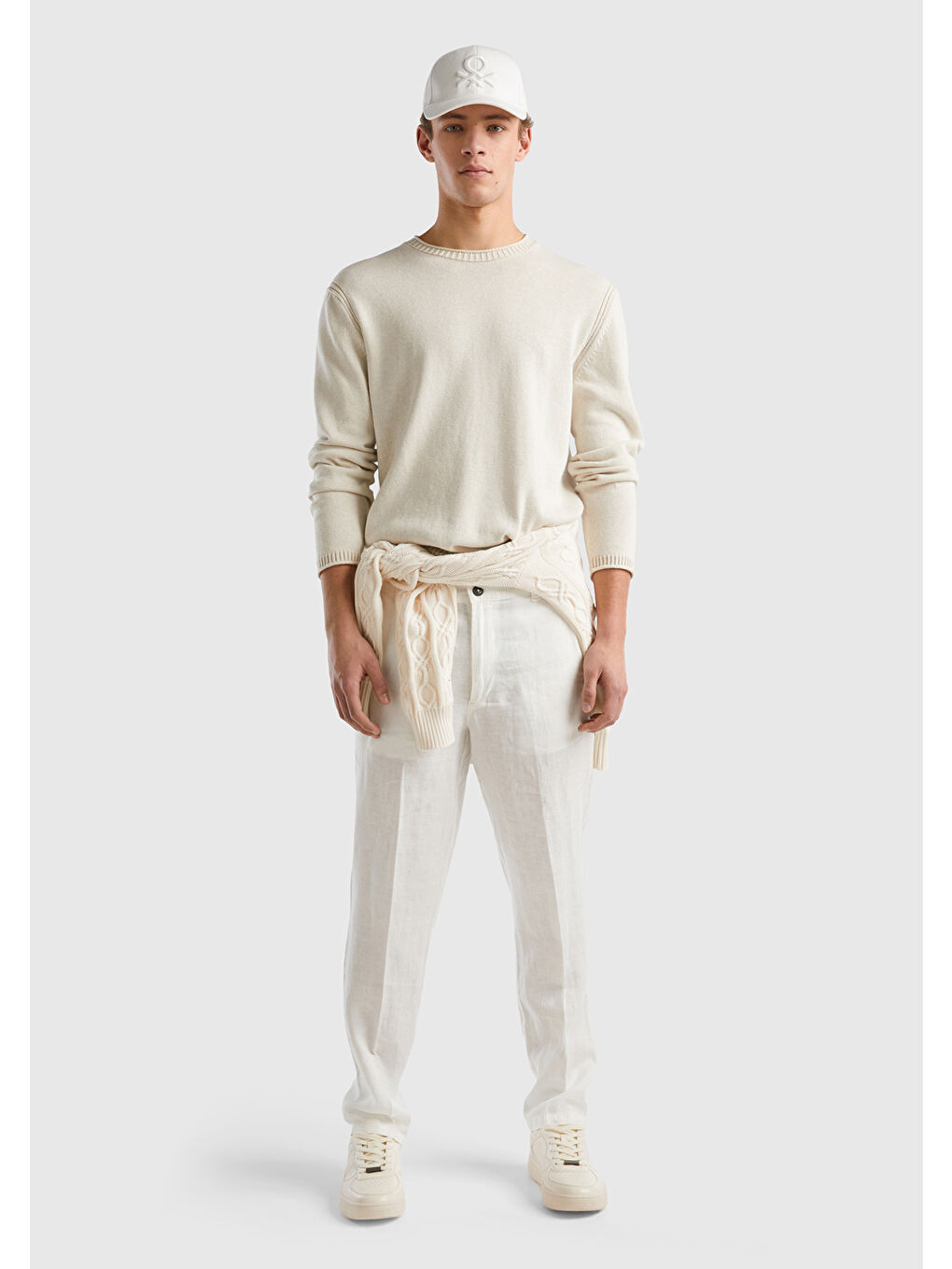 Ekru Erkek Krem Pamuk Karışımlı Bisiklet Yaka Basic Kazak-2