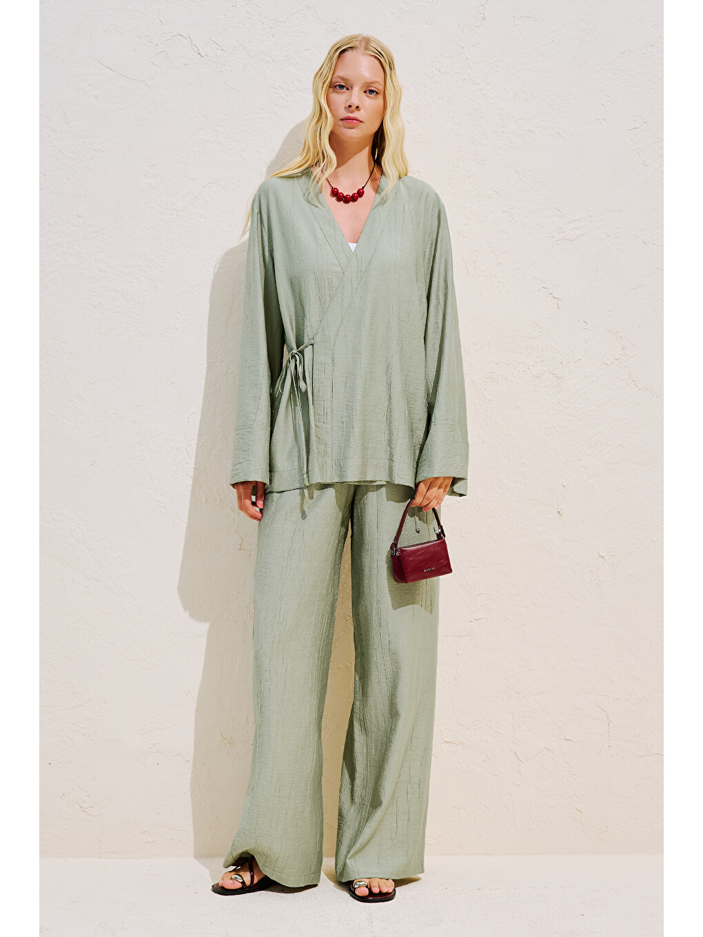 Dokulu Bağlamalı Kimono Bluz Yeşil-2