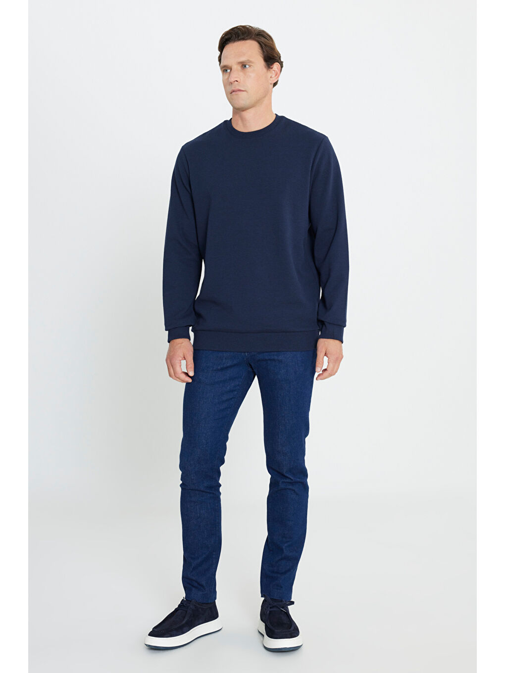 Erkek Lacivert 2 İplik Sıcak Tutan Standart Fit Normal Kesim Bisiklet Yaka Dokulu Sweatshirt-1