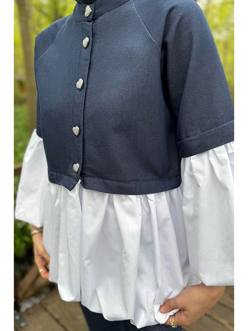 Lacivert Balon Kol Garnili Taşlanmış Jean Tunik Pantolon Tesettür İkili Takım-5