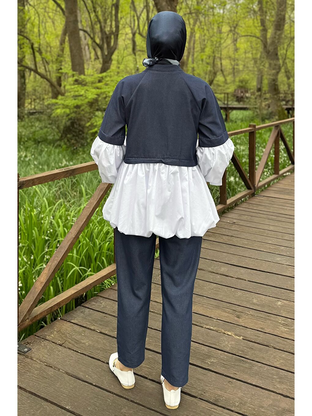 Lacivert Balon Kol Garnili Taşlanmış Jean Tunik Pantolon Tesettür İkili Takım-6