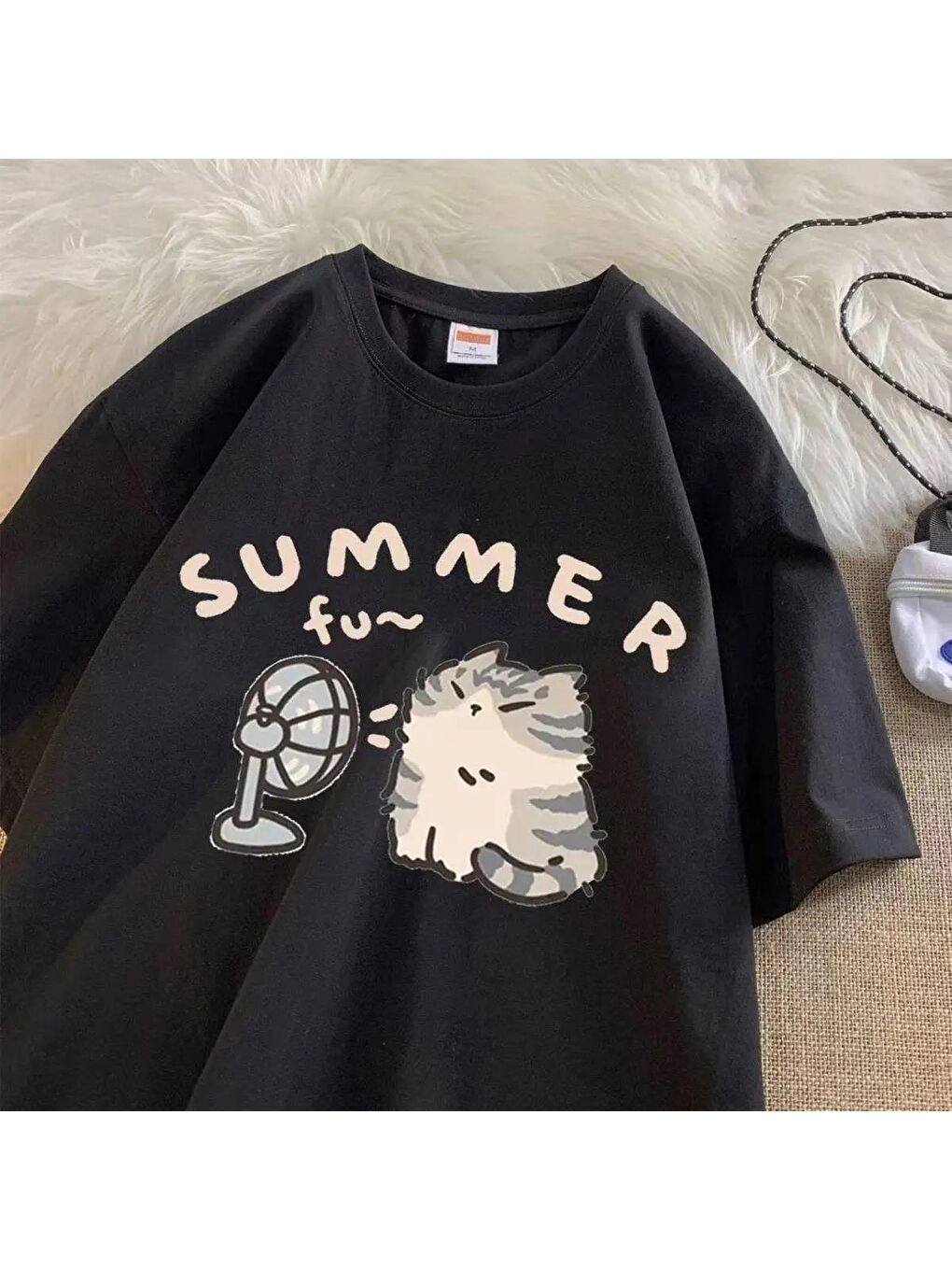 Touz Moda Siyah Summer Cat Baskılı Siyah Unisex Oversize T-shirt