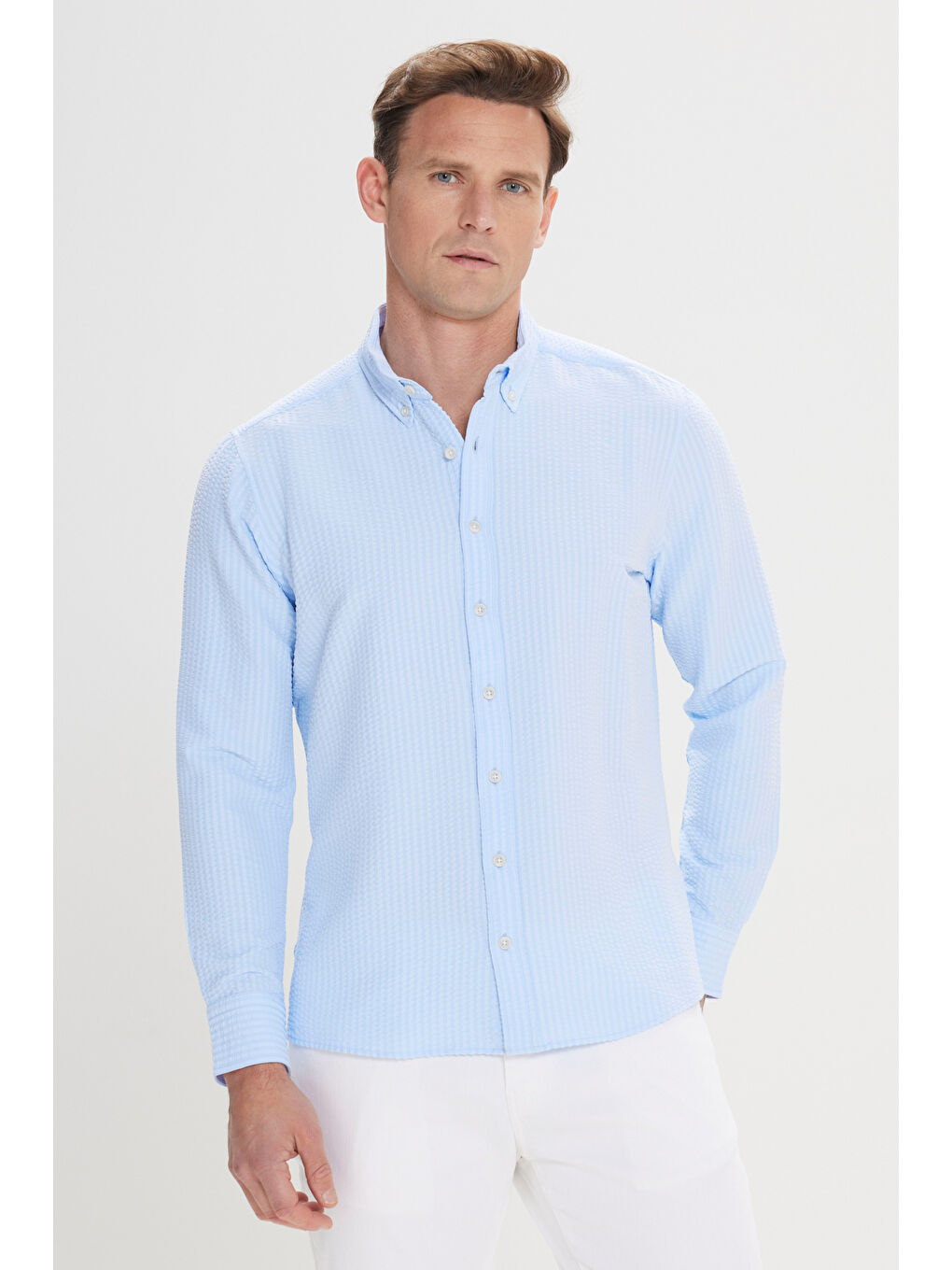 Erkek Mavi Slim Fit Dar Kesim Düğmeli Yaka %100 Pamuk Gömlek